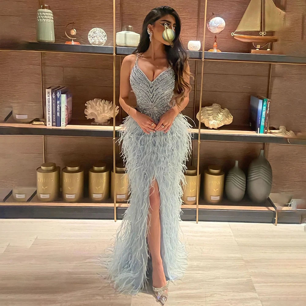 Elegant Arabic Black Feather Beaded Mermaid Evening Gown with High Slit - LA70623 | Formal Dress for Prom, Gala & Special Occasions