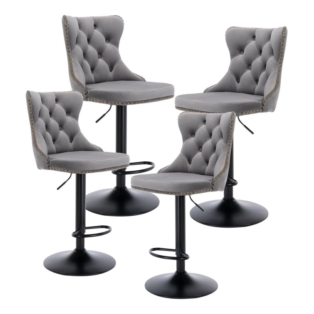 Adjustable Height Swivel Bar Stools with Footrest - Velvet Upholstered & Nailhead Trim - Perfect for Kitchen Islands, Home Bars & Dining Counter Seating