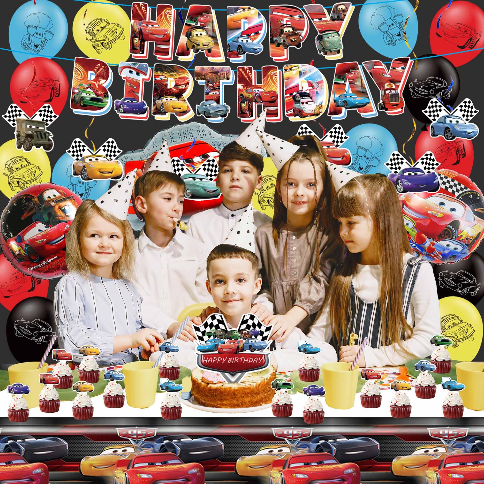 Cars Themed Birthday Party Decorations Set - Banner, Balloons, Cupcake Toppers, Tablecloth & Hanging Swirls for Boys' Race Car Birthday Party Decor