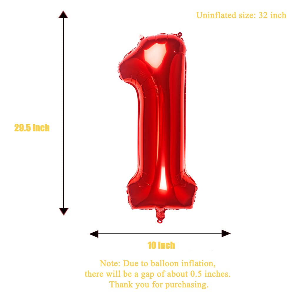 32 Inch Red Number 1 Foil Balloons - Large Metallic Birthday Party Decorations for 1st Birthday, Anniversary & Graduation Celebrations - Perfect for Photo Backdrops, Cake Toppers & Event Decor