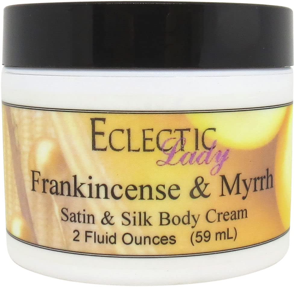 Frankincense & Myrrh Satin Silk Body Cream - 2oz Luxurious Moisturizing Lotion for Women - Handcrafted in USA - Perfect for Dry Skin Care, Spa Day & Gift Giving