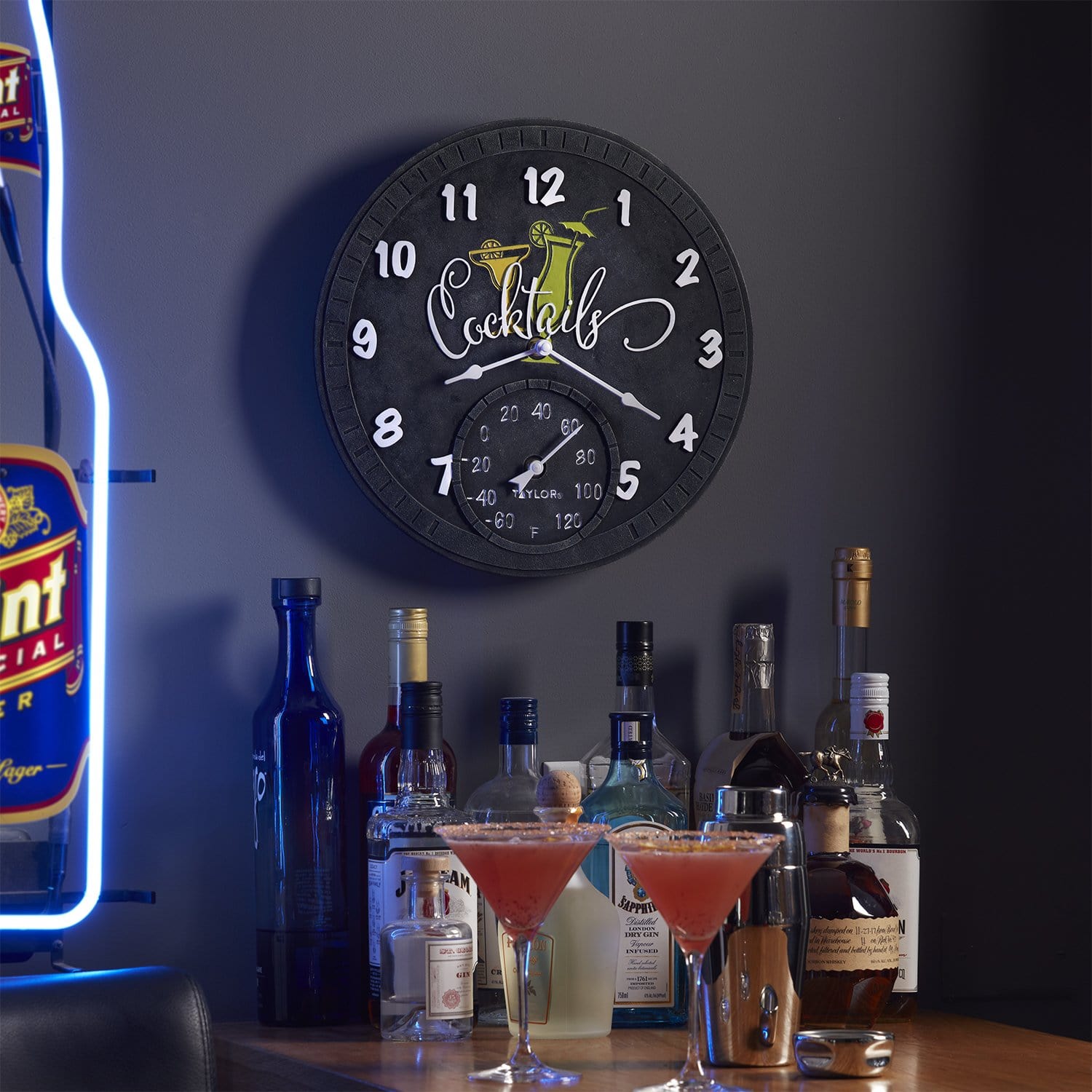 14-Inch Cocktail Clock with Built-in Thermometer - Perfect for Home Bar, Kitchen, and Party Decor