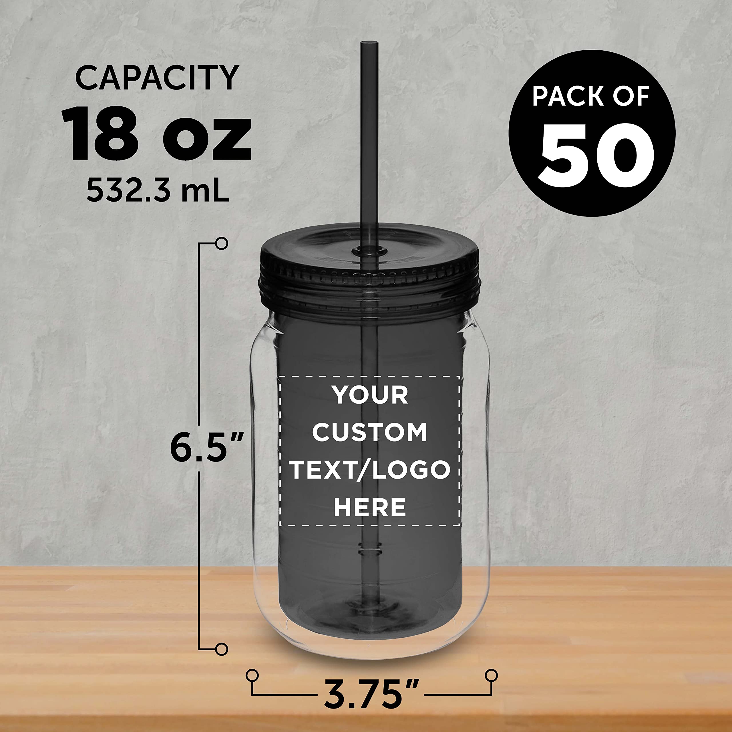 Custom 18 oz Acrylic Tumblers with Straw - Bulk Pack of 50 Personalized Drink Cups - Ideal for Smoothies, Iced Coffee, Soda & Beverages - Charcoal Color - Great for Parties, Restaurants & Events