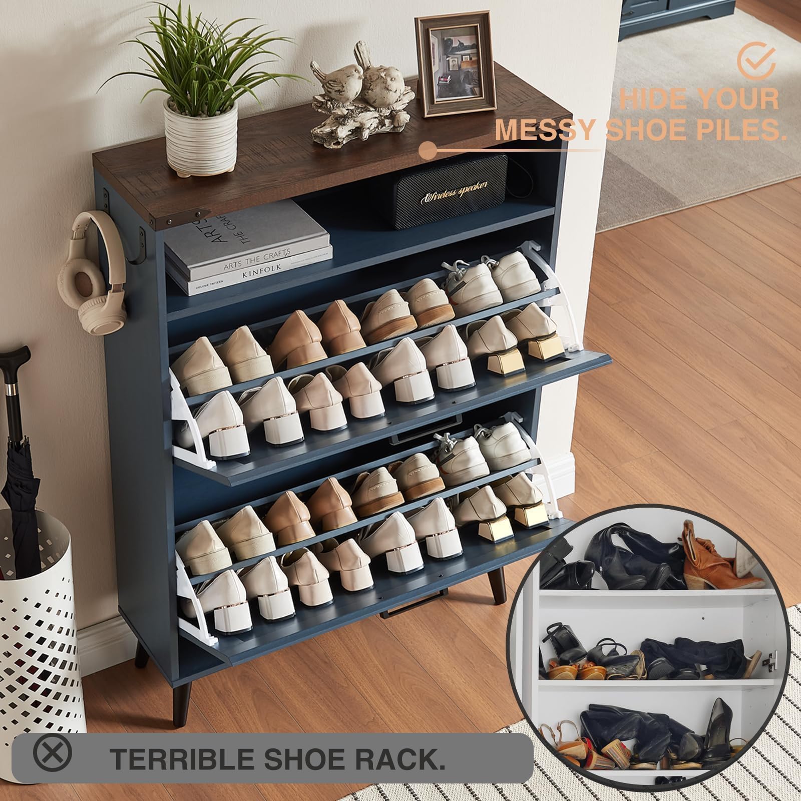 Farmhouse Shoe Storage Cabinet with 2 Flip Drawers & Barn Door Design - Freestanding Hidden Slim Narrow Shoe Rack Organizer for Entryway, Foyer, Hallway - Blue | Perfect for Small Spaces & Home Organization