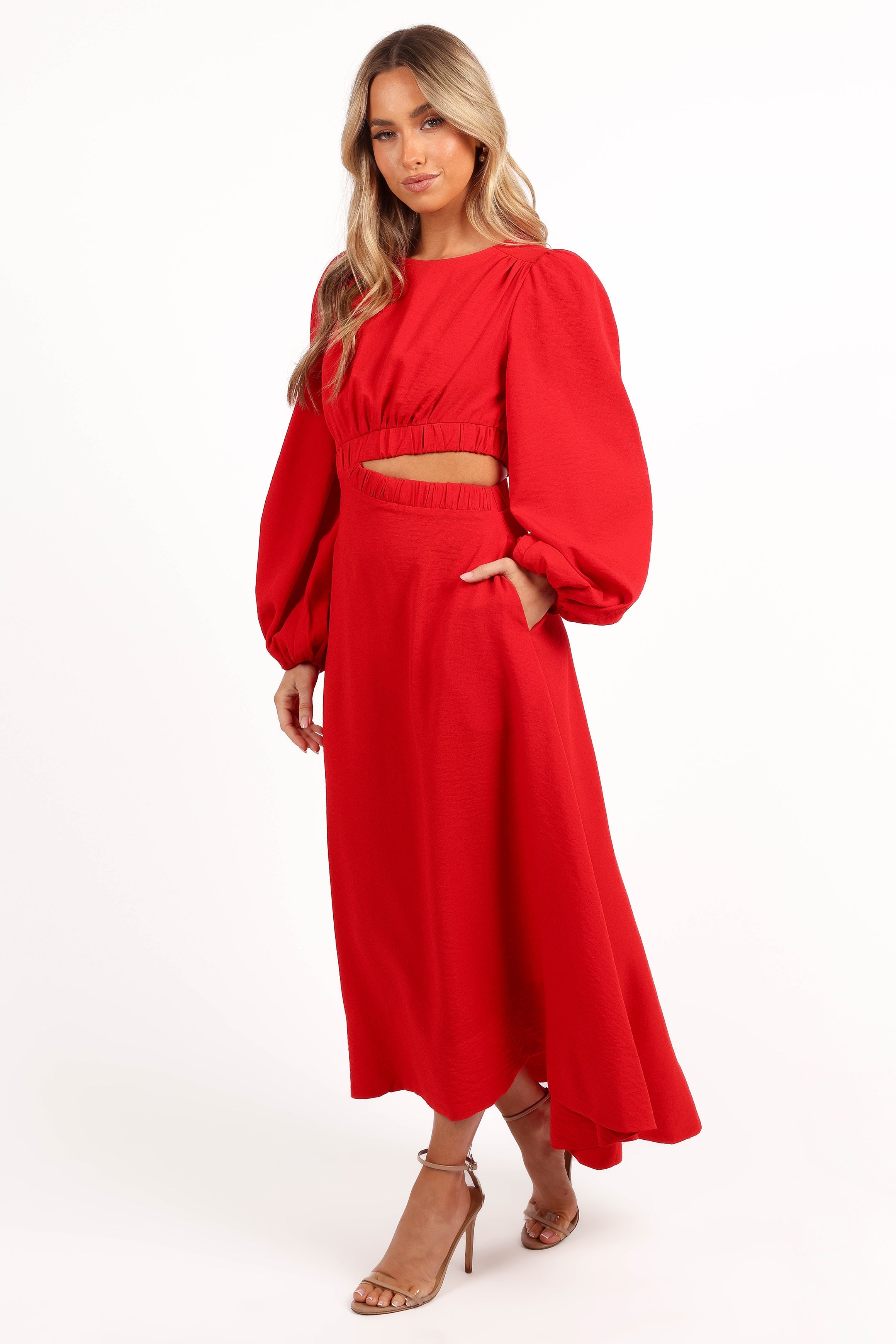 Ginnee Women's Red Puff Sleeve Cutout Midi Dress - Elegant Party & Cocktail Attire for Weddings, Date Nights & Special Occasions