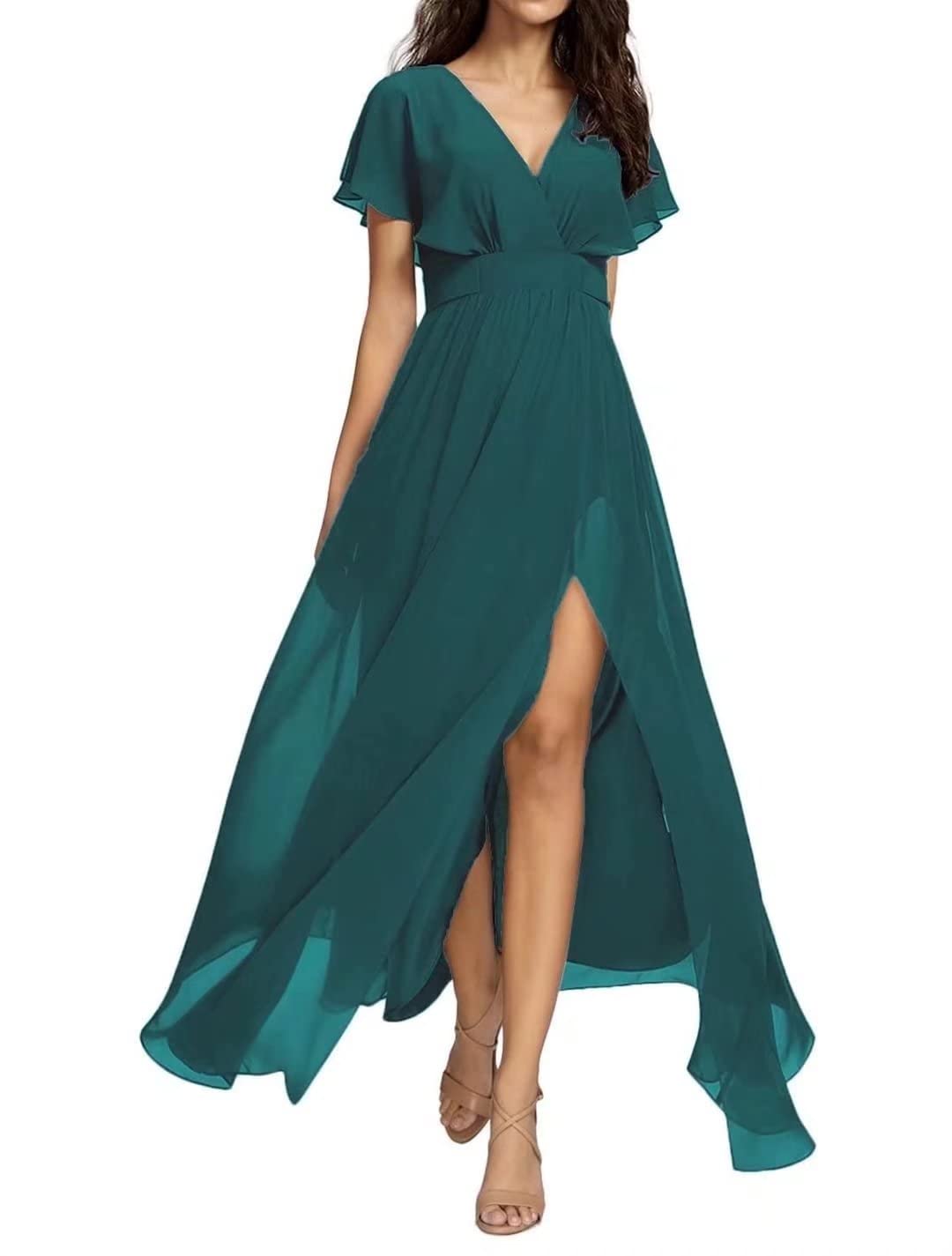 Yadressy Women's Long Sleeve Chiffon Maxi Dress with Slit & Ruffle Details - A-Line Formal Evening Gown for Bridesmaid, Prom, Wedding Party & Special Occasions