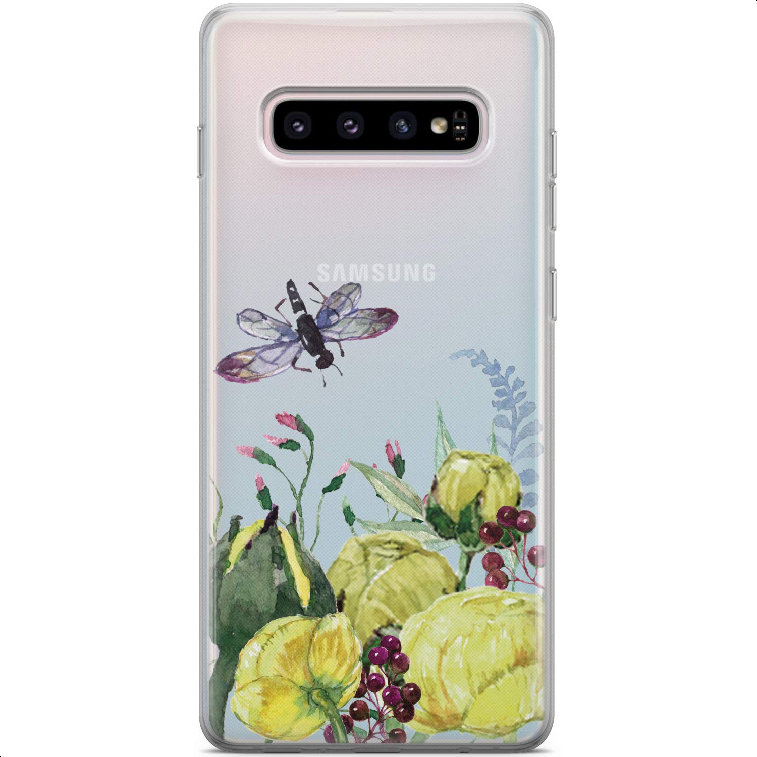 Samsung Galaxy S24 S23 Ultra S22 5G Plus S21 FE S20 S10 Phone Case - Floral Dragonfly TPU Protective Cover with Green Peony & Ranunculus Design | Slim Lightweight Silicone Case for Everyday Protection & Style