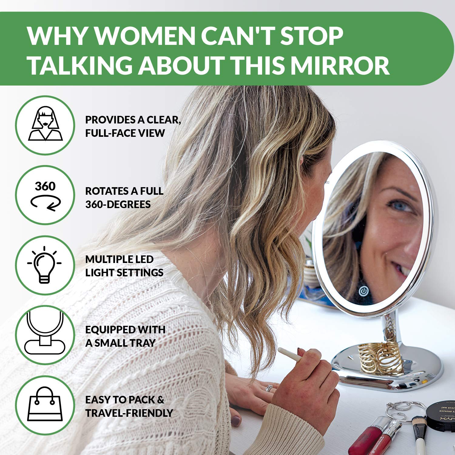 Oval LED Makeup Mirror with Lights - 10x Magnifying Vanity Mirror for Table Top, 360° Swivel Travel Mirror with Compact Design - Professional Beauty Makeup Mirror for Home, Salon & Travel Use