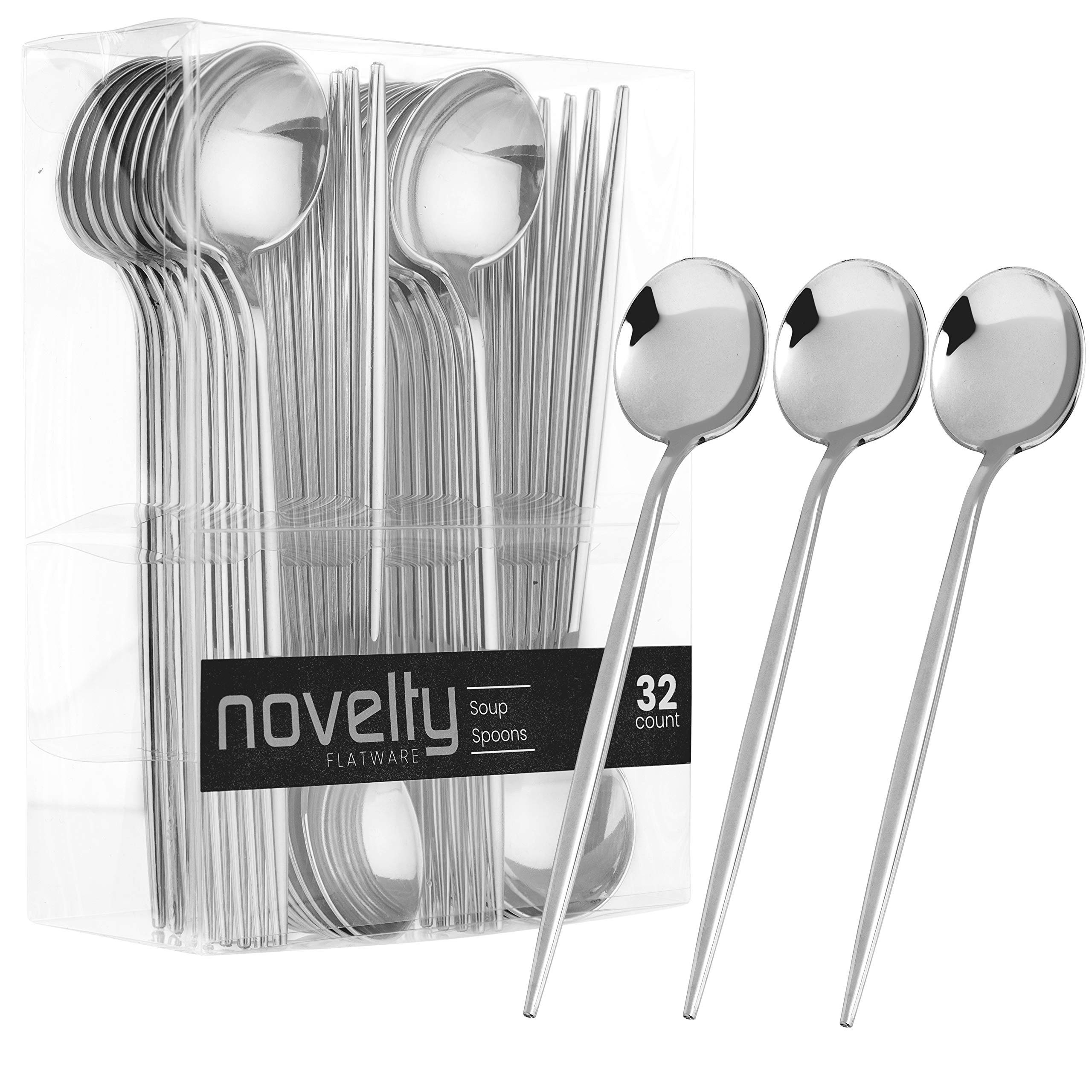 Premium Disposable Plastic Soup Spoons - Elegant Silver Flatware Set of 32 - Perfect for Parties, Catering & Outdoor Dining