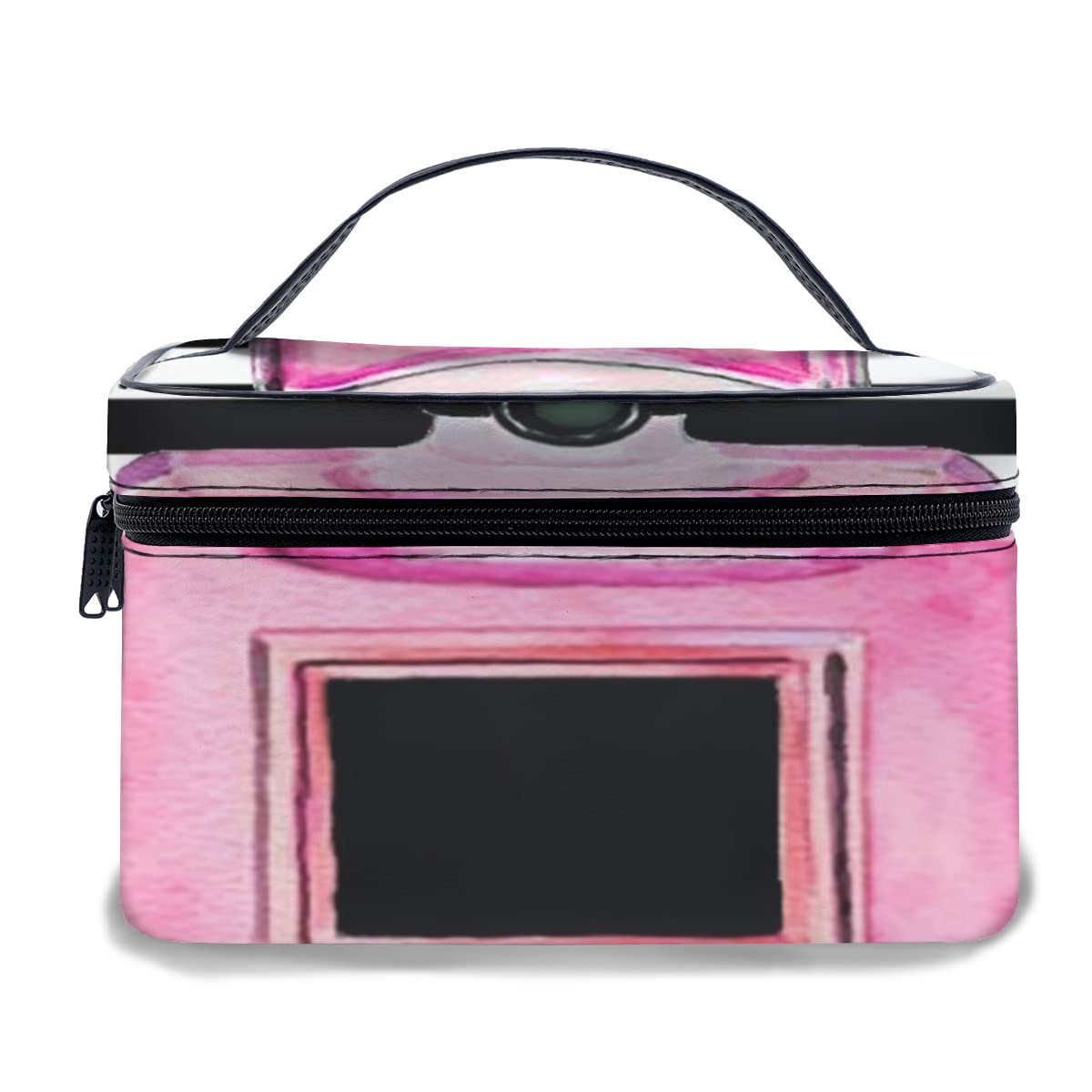 PU Leather Makeup Bag - Waterproof Cosmetic Organizer with Pink Perfume Bottle Design, Black & White Stripes for Women | Large Travel Toiletry Case for Makeup Storage, Daily Use & Vacation Essentials