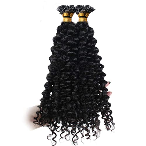 Long Kinky Curly Flat Tip Human Hair Extensions - 100 Strands Keratin Pre-Bonded Fusion Hair in Natural Jet Black (26 Inch) for Stunning Hairstyles & Volume Boost - Perfect for Weddings, Parties & Daily Wear