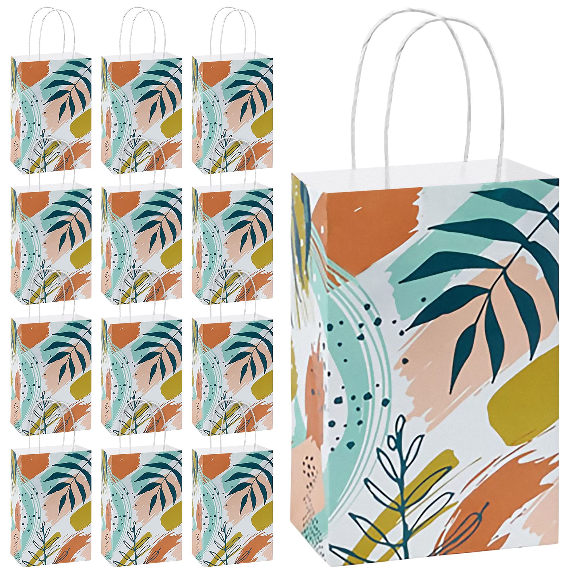 Boho Breeze Leaf Print Paper Gift Bags - 12 Pack Small 5.25x3.5x8.25 Inches - Eco-Friendly Party Favor Bags for Weddings, Baby Showers & Birthday Celebrations