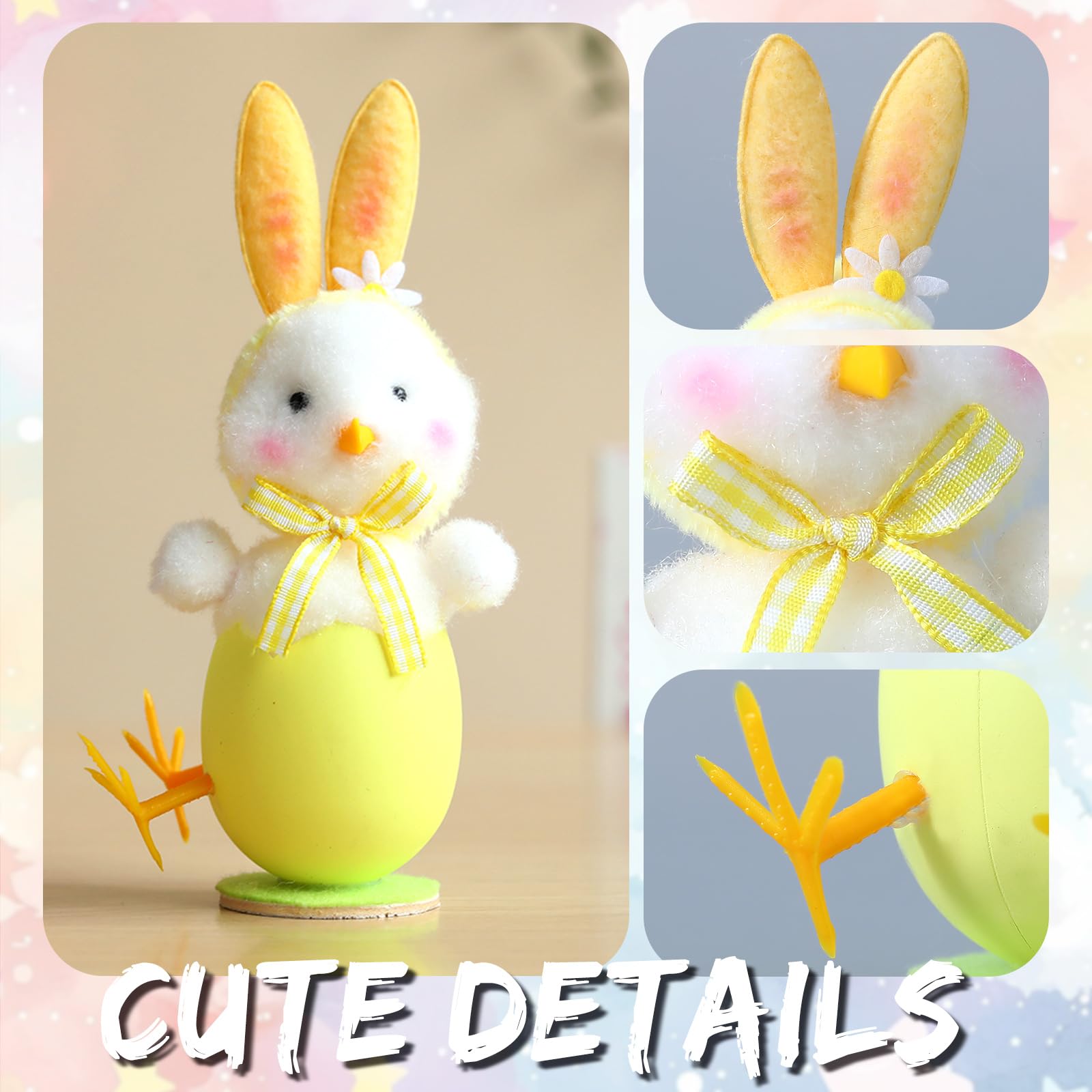 4-Pack Cute Plush Easter Chick Figurines with Bunny Ears - Spring Home Decor, Farm Chicken Theme Party Supplies for Easter Celebrations, Egg Hunts & Seasonal Table Centerpieces