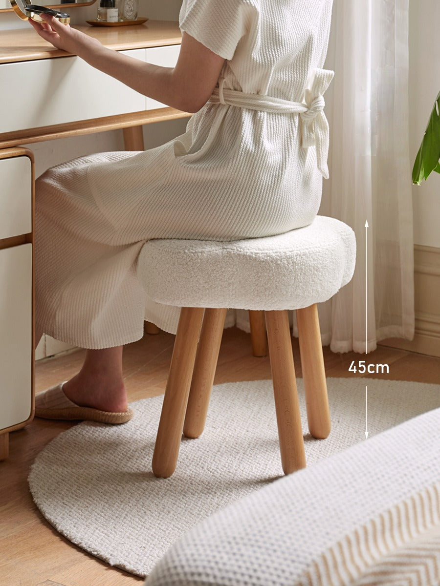 Solid Wood Makeup Stool - Beech & Birch with Lamb Velvet Upholstery | Cloud-Shaped Seat for Vanity, Dressing Room & Bedroom Decor