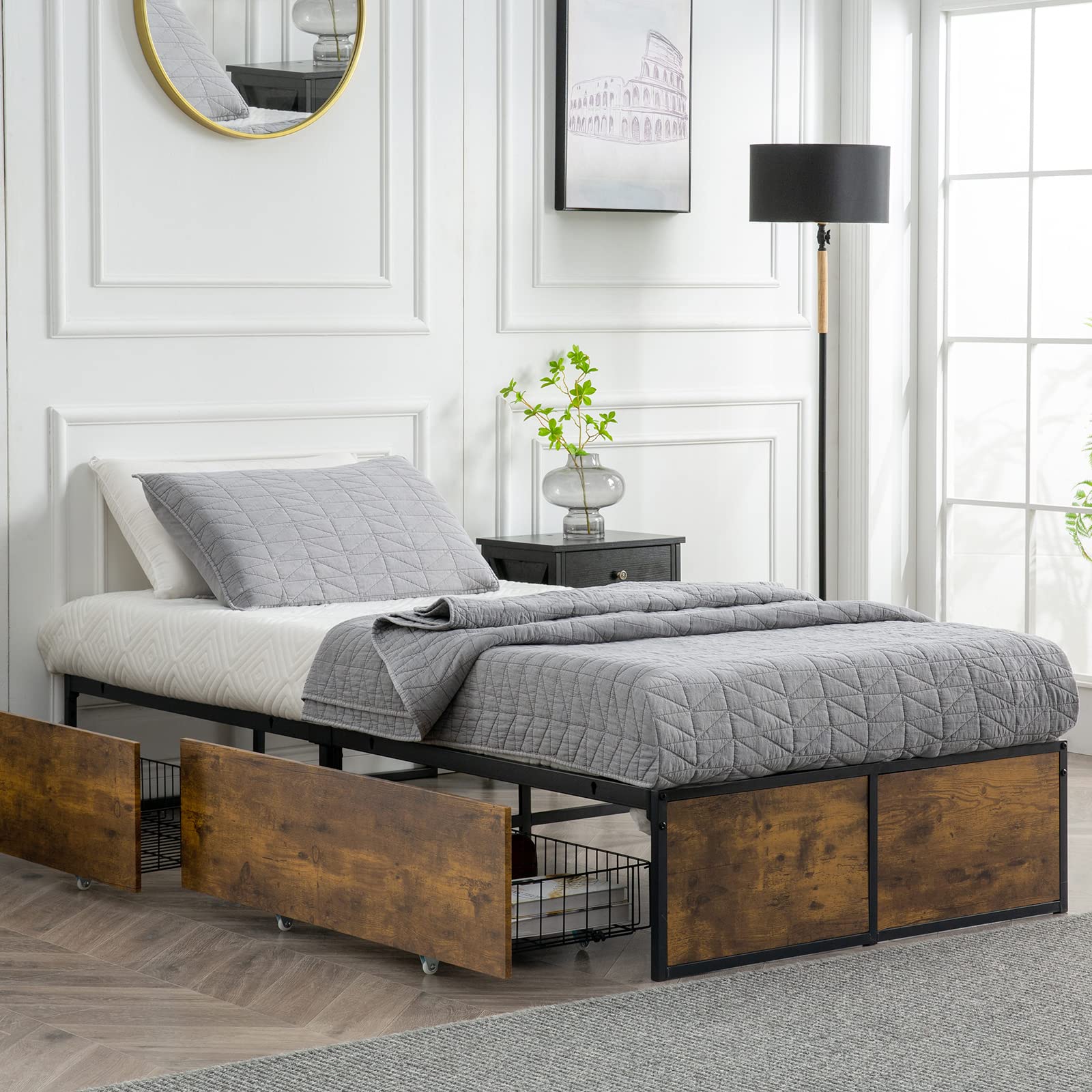 Twin Bed Frame with 2 XL Storage Drawers - Sturdy Metal Platform Bed with Footboard & 9-Slat Support - No Box Spring Needed - Easy Assembly & Space Saving - Perfect for Small Bedrooms, Dorms & Guest Rooms