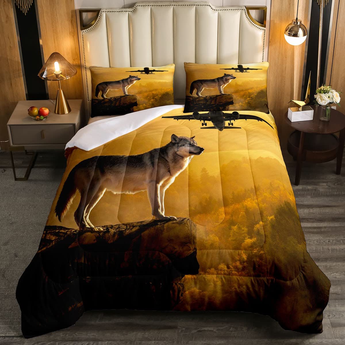 Wolf Comforter Set - Safari Animal & Airplane Print Bedding for Kids & Adults | Nature-Themed Yellow Duvet Cover | Ultra Soft Full Size Quilt for Bedroom Decor | Perfect for Kids' Rooms, Guest Bedrooms & Cozy Cabin Retreats