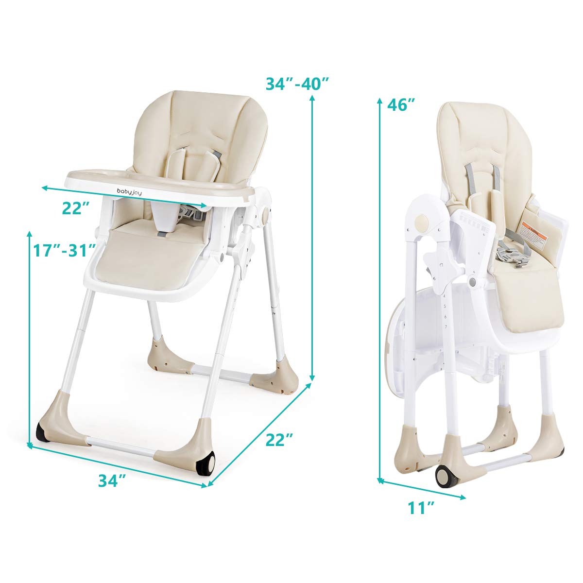 BABY JOY Convertible High Chair for Babies & Toddlers - Adjustable Height, Recline & Footrest, Removable Double Tray, Portable Baby Dining Chair with Wheels (Beige) | Perfect for Home, Restaurant & Travel Use