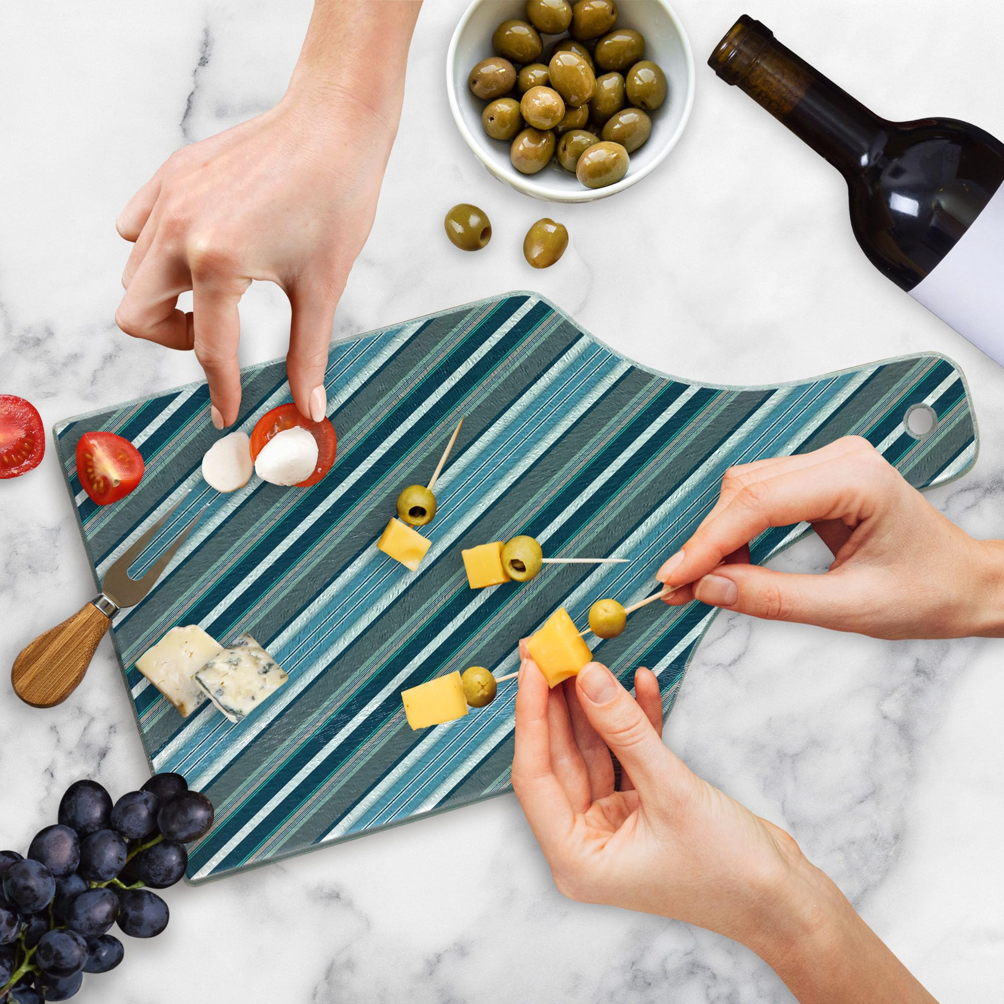Ambesonne Navy Retro Striped Tempered Glass Cutting Board - Diagonal Stripes Modern Art Design - Decorative Serving Board for Cheese, Charcuterie & Wine - Wine Bottle Shape in White, Grey & Navy - Perfect for Kitchen, Dining & Entertaining