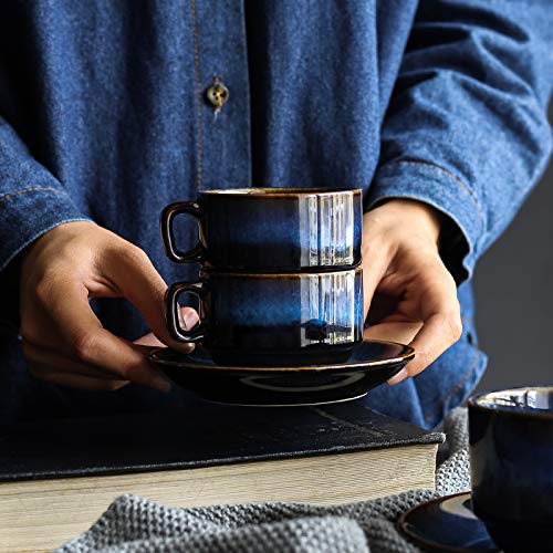 Premium Deep Blue Ceramic Coffee Cup and Saucer Set - 4-Piece Elegant Tea Cup Set for Espresso, Latte & Cappuccino - Perfect for Home, Office & Cafe Use