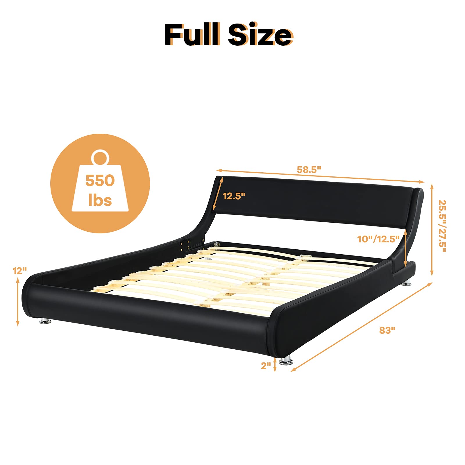 Giantex Full Size Upholstered Platform Bed Frame with Adjustable Headboard - Faux Leather Low Profile Curved Design, Wood Slat Support, No Box Spring Needed - Perfect for Modern Bedrooms, Guest Rooms & Small Spaces