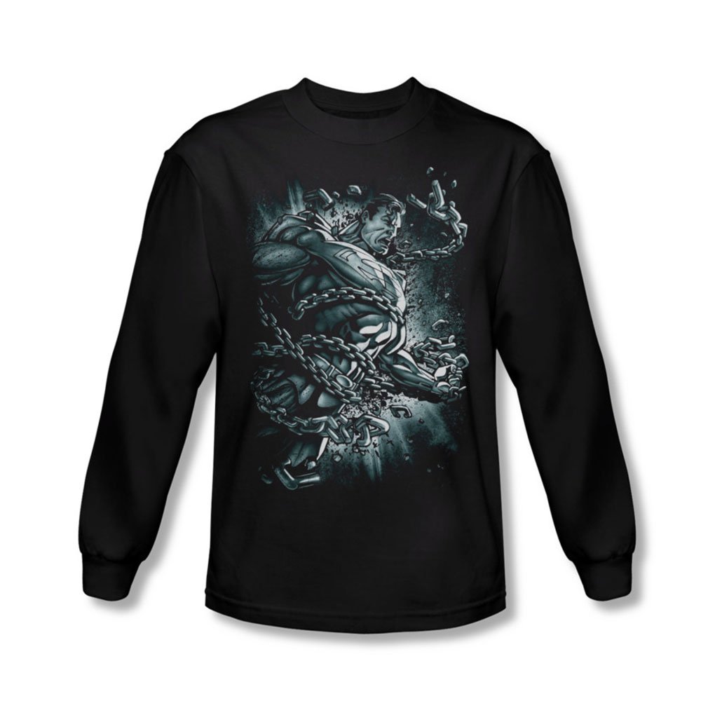 Superman Men's Break Free Long Sleeve T-Shirt - Black Superhero Graphic Tee for Casual Wear & Comic Con
