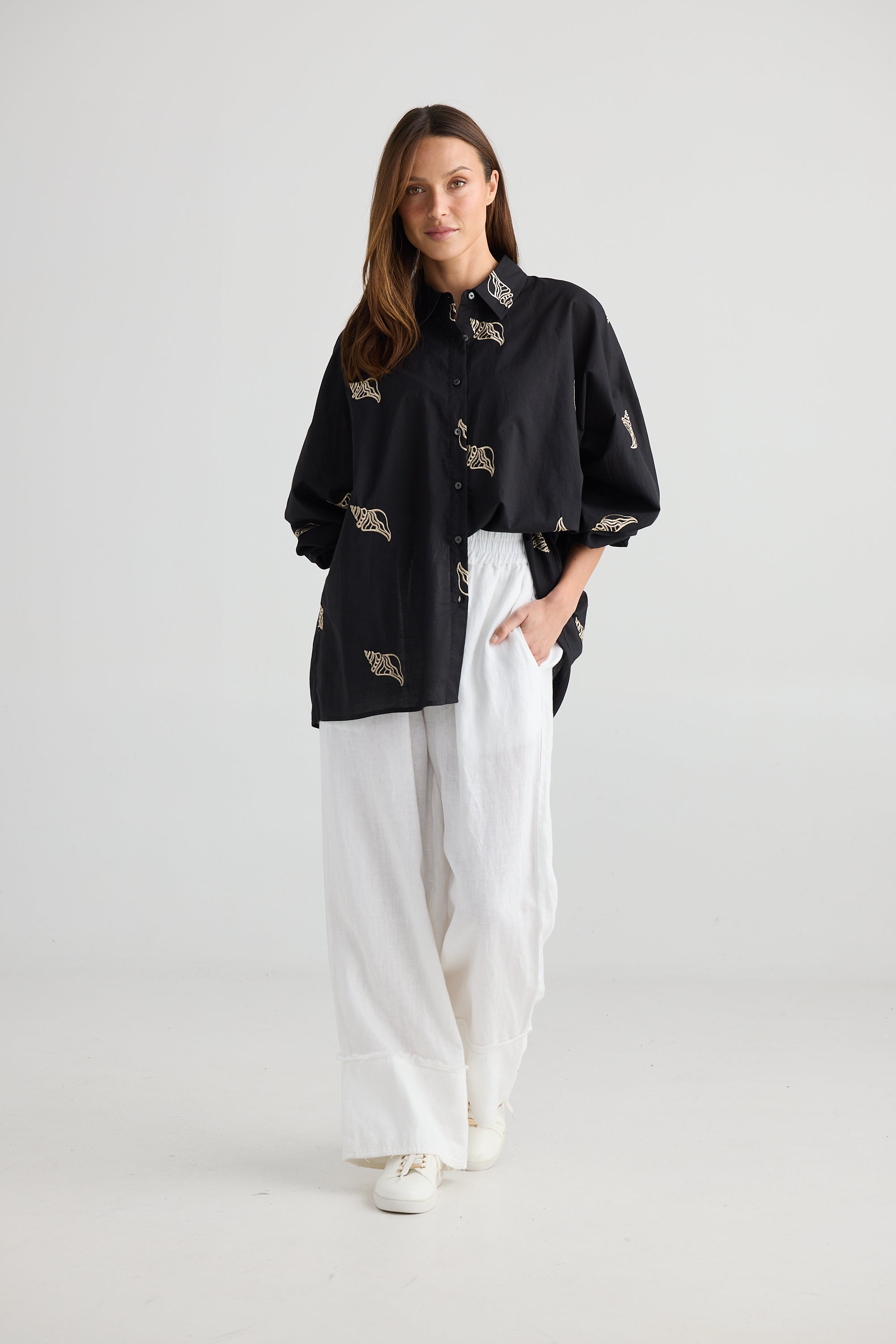 Cliffside Shirt - Black & Gold Shell Print Button-Up Shirt for Men | Casual & Beach Wear | Perfect for Summer Outings, Vacations, and Outdoor Adventures