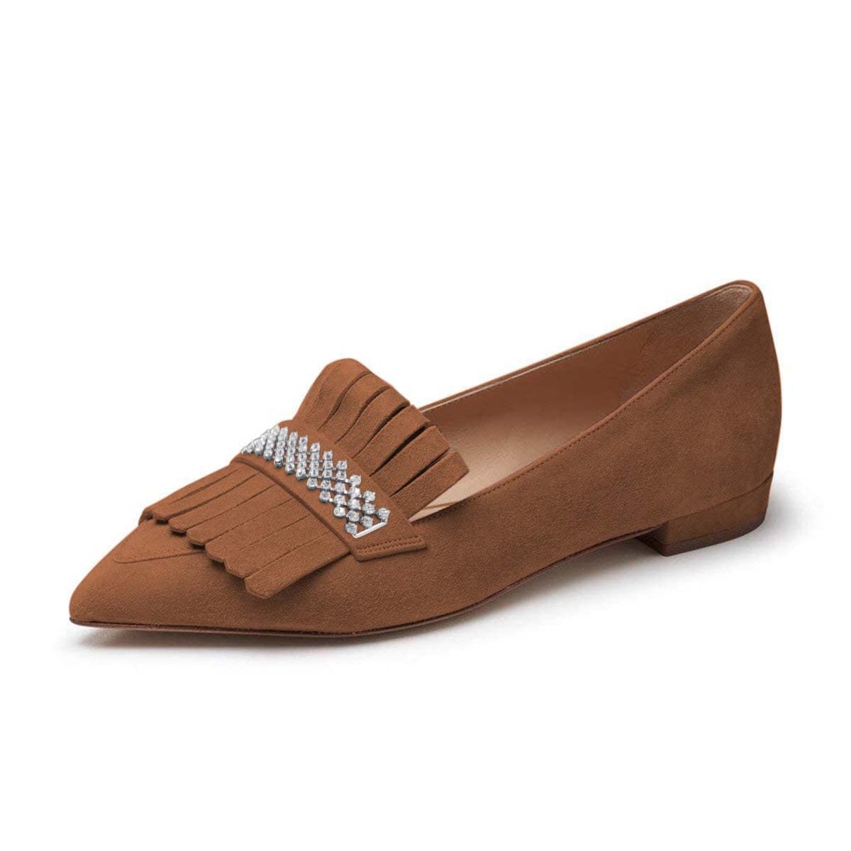 XYD Women's Vintage Fringe Slip-On Loafers - Pointed Toe Low Heel Driving Shoes for Casual Outfits, Office Wear & Date Nights