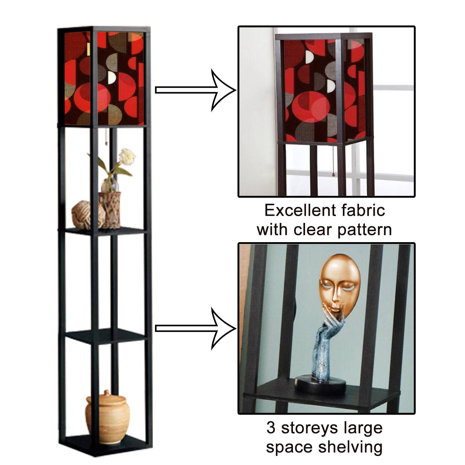 Modern Geometric Standing Lamp with Shelves - Red & Black Vertical Design, Flaxen Fabric Shade - Tall Corner Floor Lamp for Living Room, Bedroom - Perfect for Reading Nook, Home Office Lighting & Aesthetic Decor