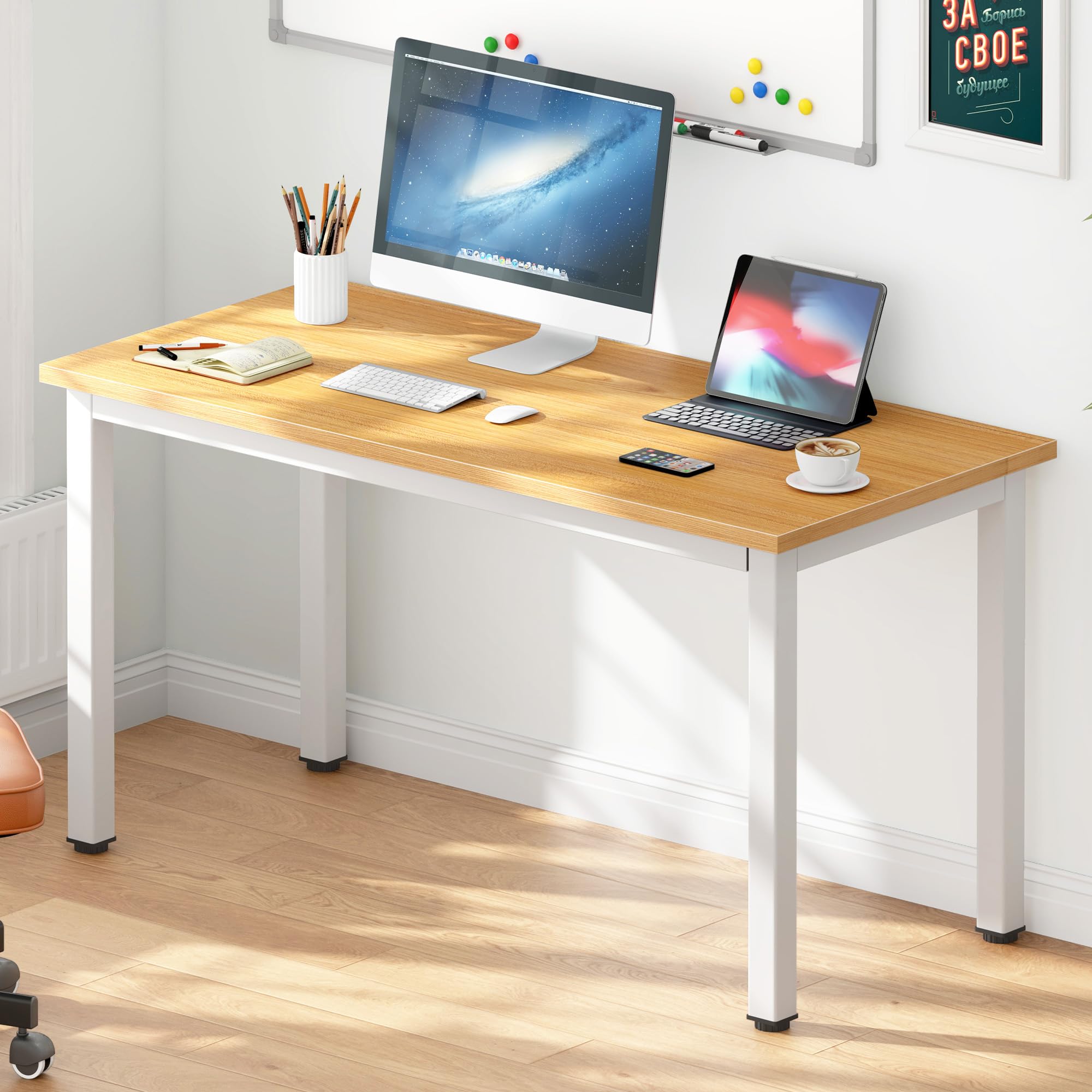 DlandHome 47-inch Medium Computer Desk for Home Office - Sturdy Composite Wood Board Workstation with Teak & White Legs (1 Pack) - Perfect for Small Spaces, Remote Work & Study