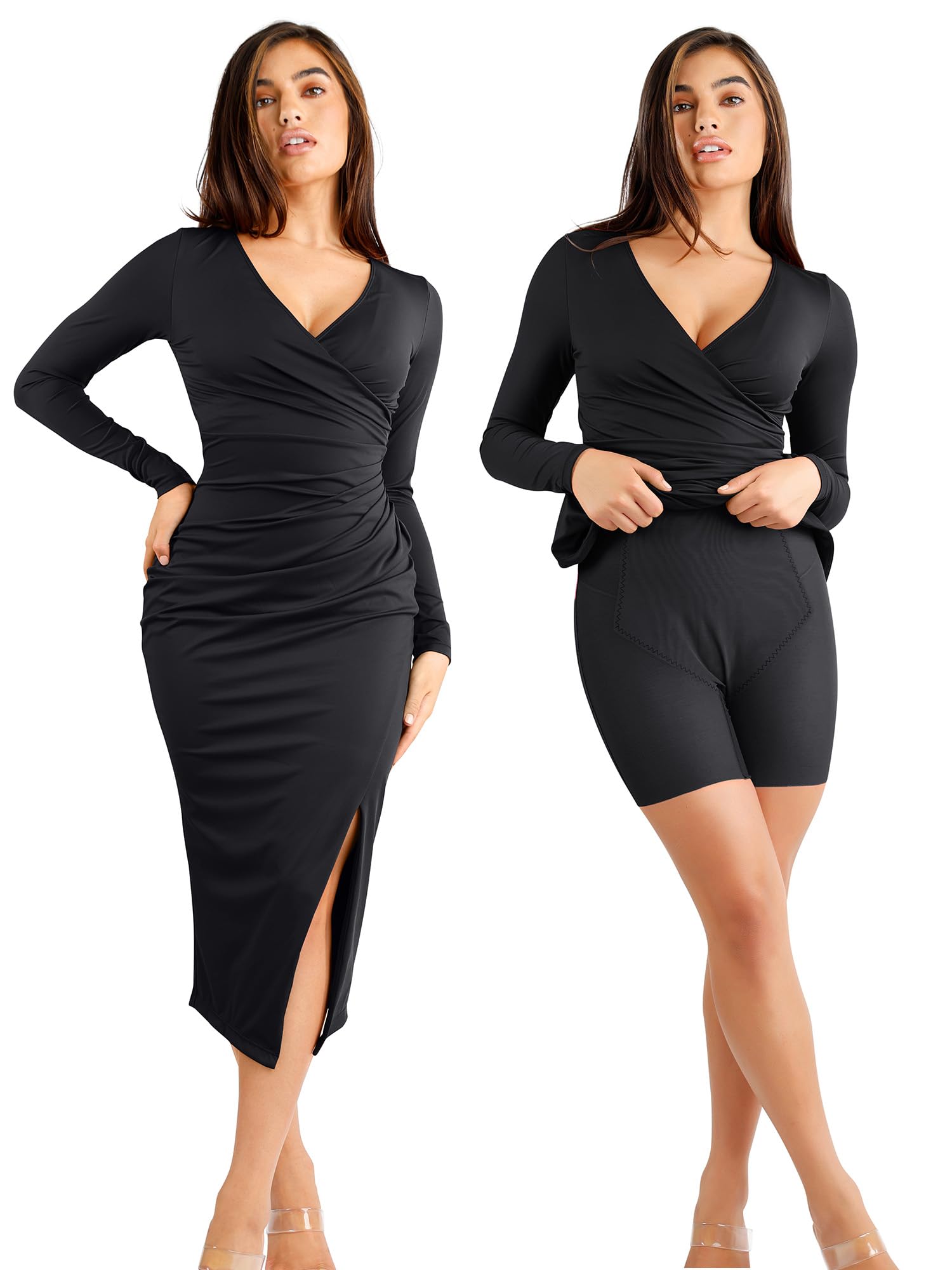Popilush Shapewear Dress - V-Neck Formal Wedding Midi Dress with Built-in Shapewear for Women | Long Sleeve Bodycon Dress for Evening Parties, Date Nights & Special Occasions