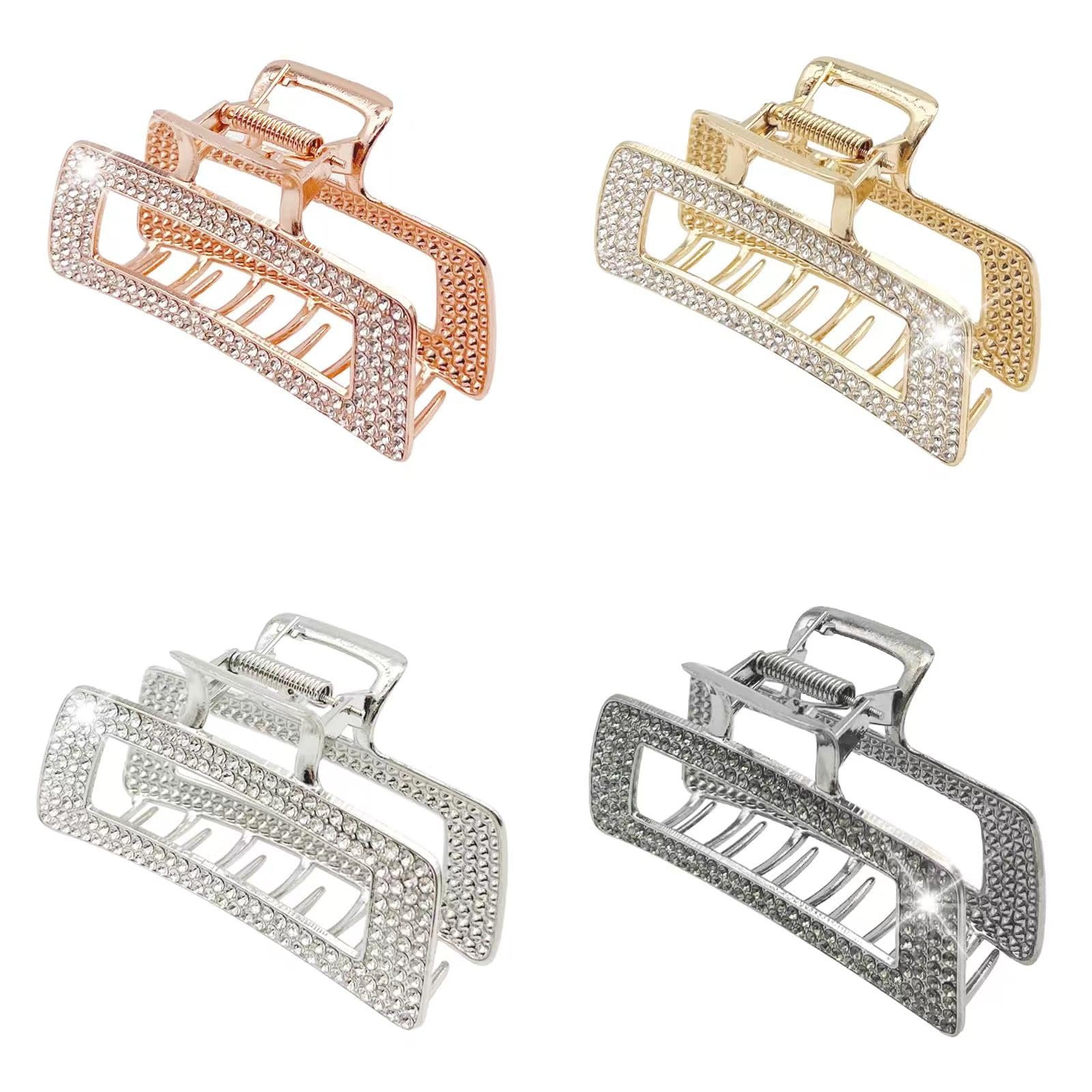 3.5 Inch Square Metal Large Claw Hair Clips - 4 Pack Rhinestone Hair Clamps for Women with Strong Hold, Perfect for Thin and Thick Hair Styling - Great for Updos, Ponytails, and Everyday Hairstyles