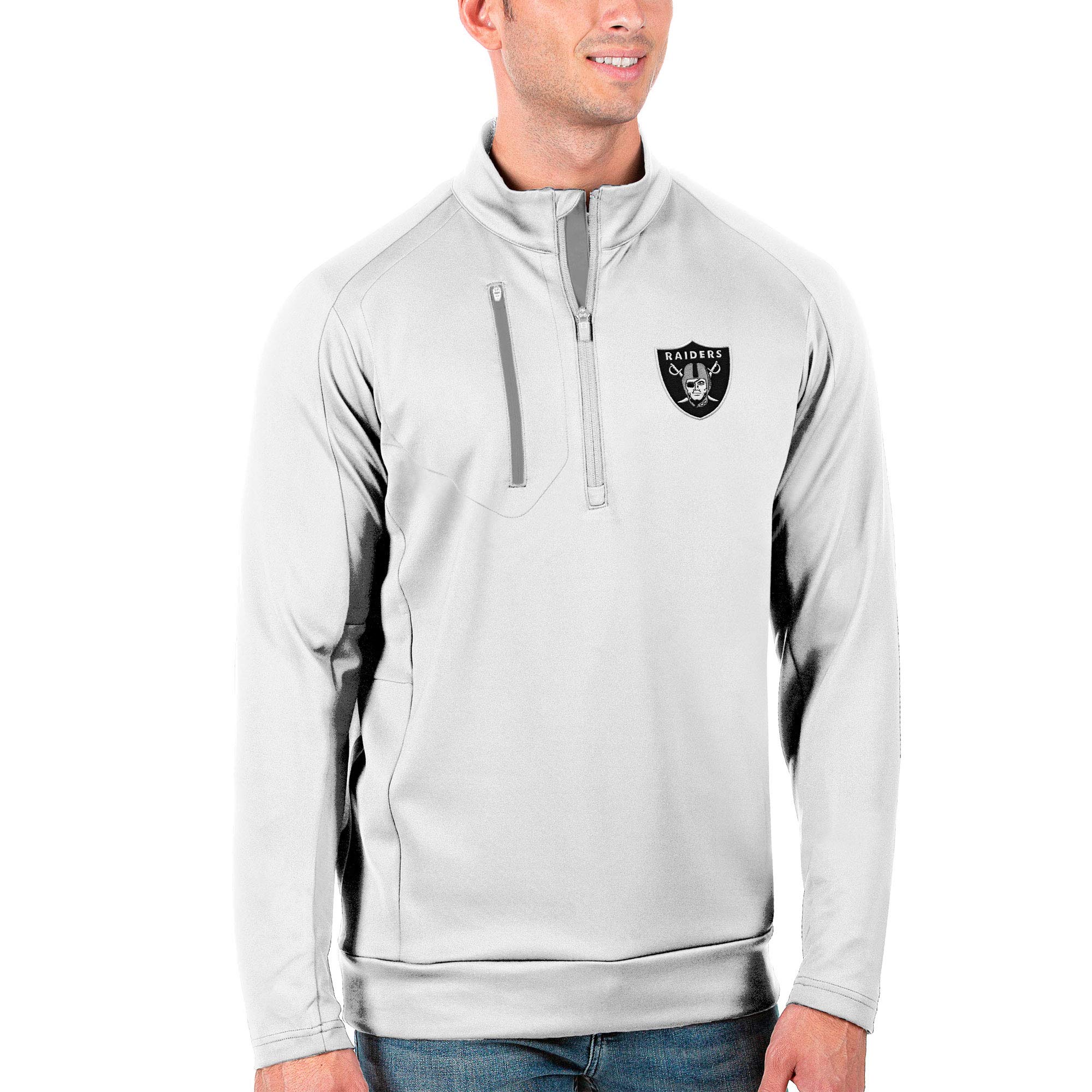 Las Vegas Raiders Quarter-Zip Pullover Jacket for Men - White/Silver Antigua Performance Fleece - Perfect for Game Day, Tailgating & Casual Wear