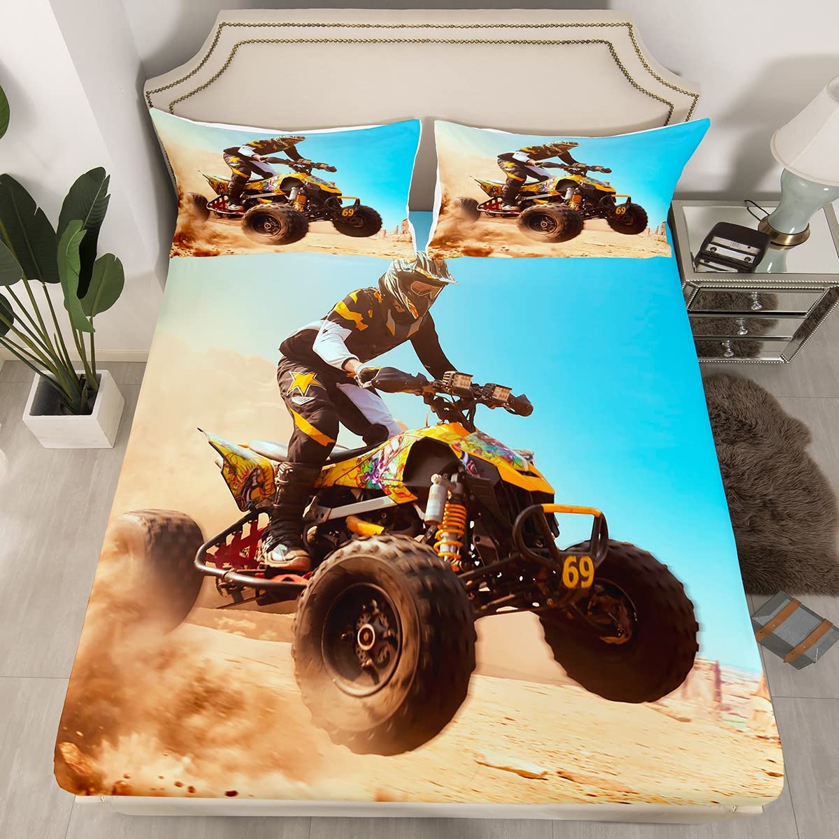 Homewish Motorcycle ATV Rider Themed Bedding Set for Kids, Boys & Teens - 2pc Microfiber Twin XL Sheet Set (1 Fitted Sheet + 1 Pillowcase) - Durable, Soft & Easy Care - Perfect for Motorbike Lovers' Bedrooms & Dorm Rooms