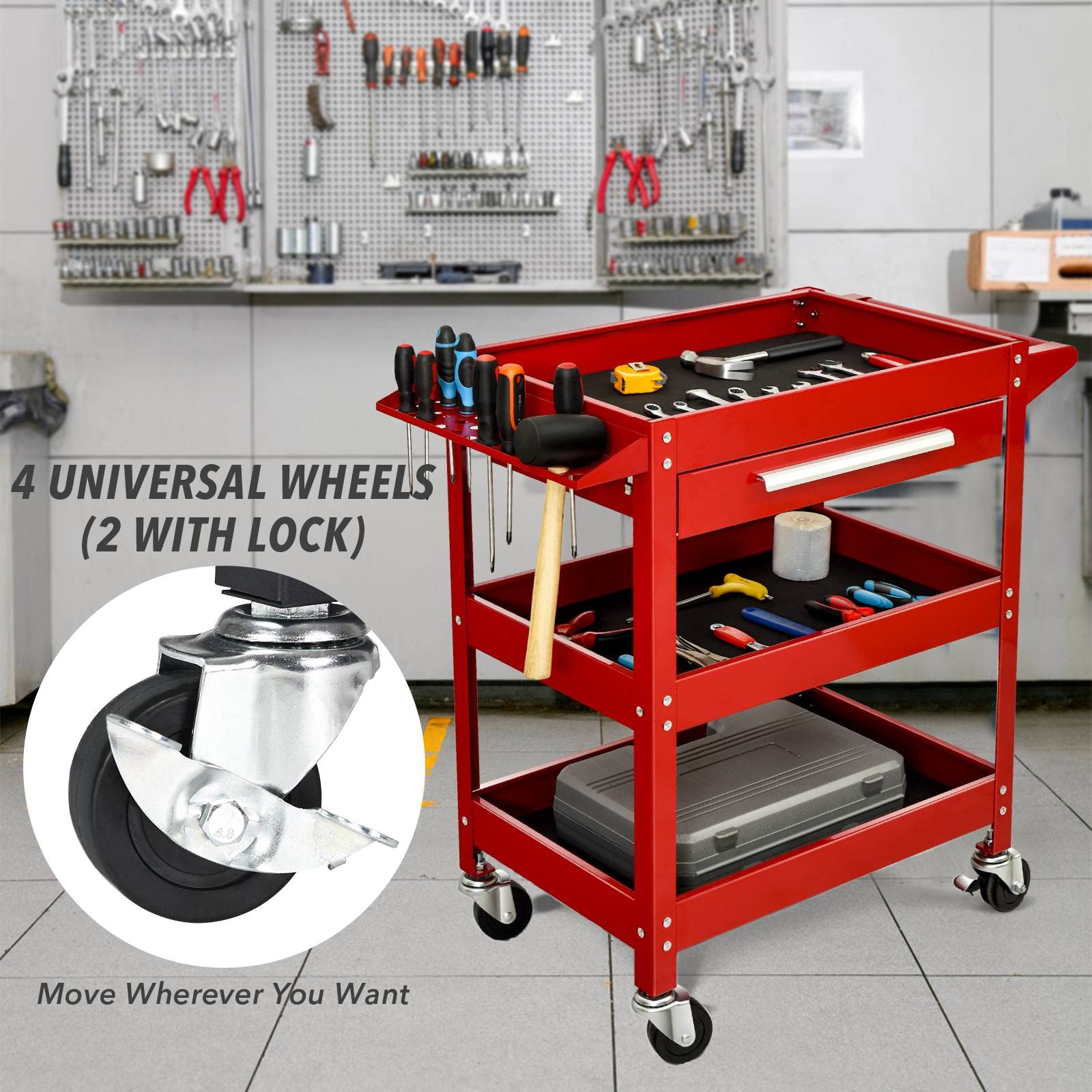 3-Tier Heavy Duty Rolling Tool Cart with Drawer - 330 LBS Capacity Industrial Utility Service Cart for Mechanics, Garage & Workshop Organization - Perfect for Auto Repair, Warehouse Tools & DIY Projects (Red)