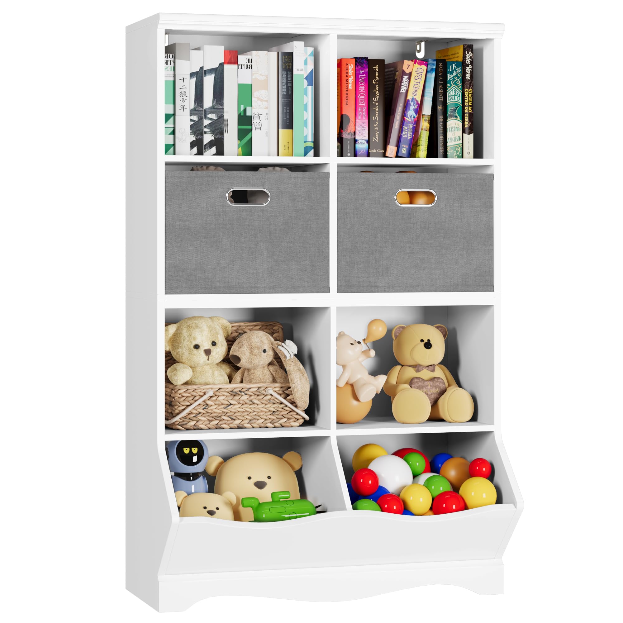 White Toy Storage Organizer with 2 Bins & 8 Cubbies - Kids Bookcase & Bookshelf for Boys & Girls - Perfect for Toddler Room, Playroom & Nursery Organization - Durable Children's Storage Cabinet for Toys & Books