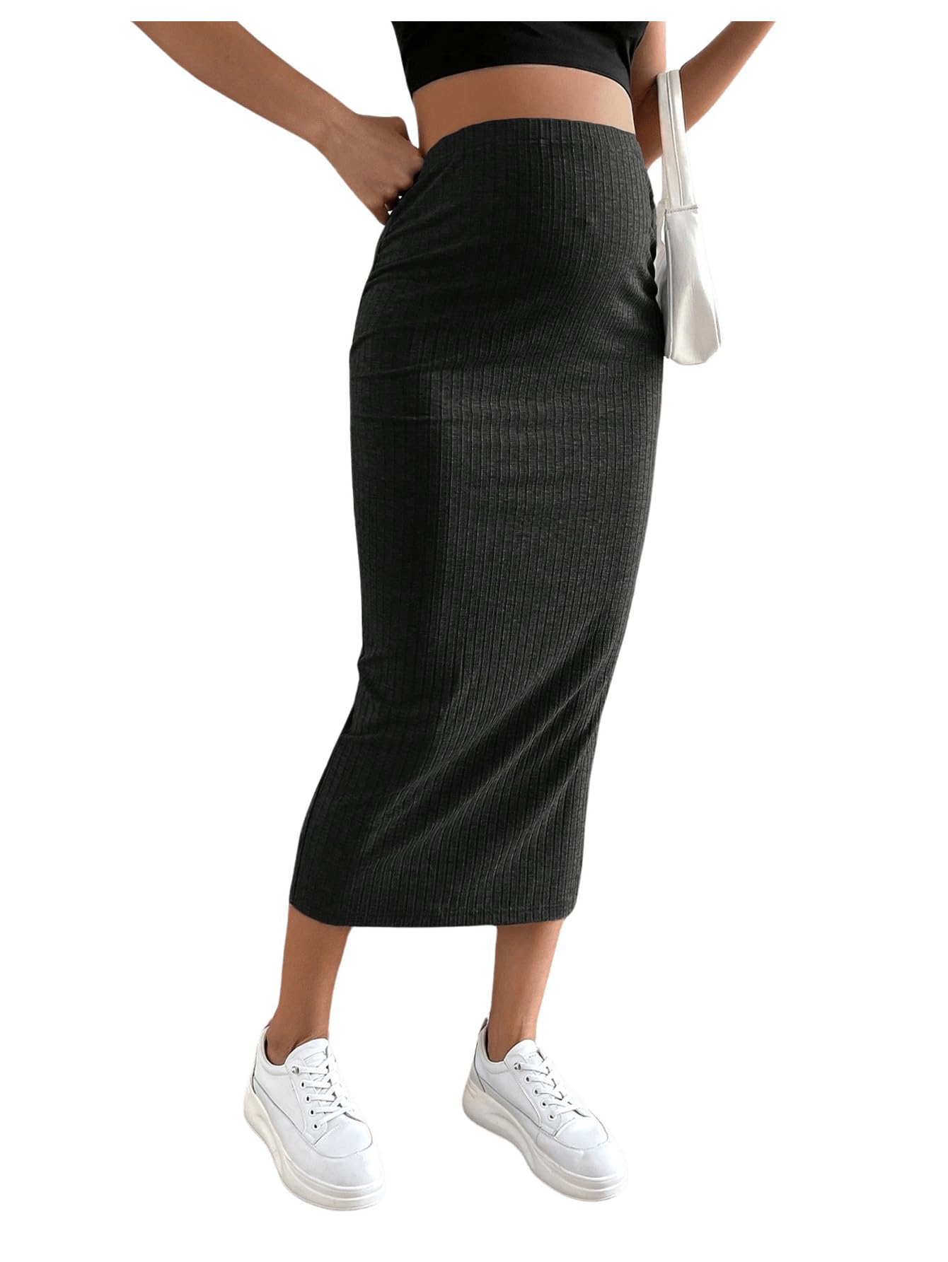 SHENHE Women's Maternity Skirt - Adjustable Rib Knit High Waist Pencil Long Skirt with Side Slit | Comfortable Stretchy Pregnancy Skirt for Work, Office & Casual Wear