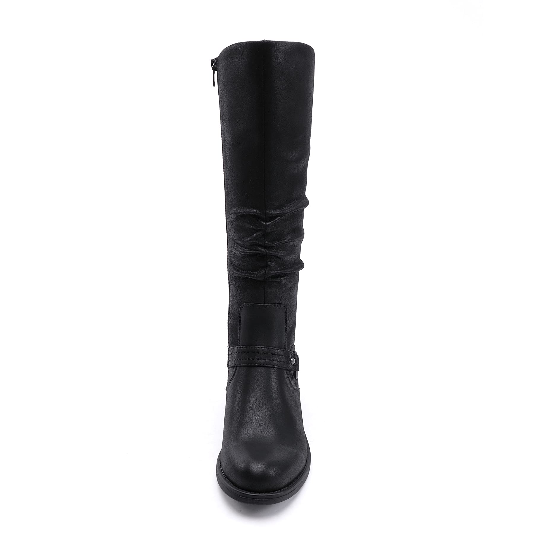 EETTARO Women's Fashion Knee High Boots with Side Zip & Buckles - Elastic Mid Calf Winter Boots Low Heel for Casual Wear, Office & Outdoor Activities