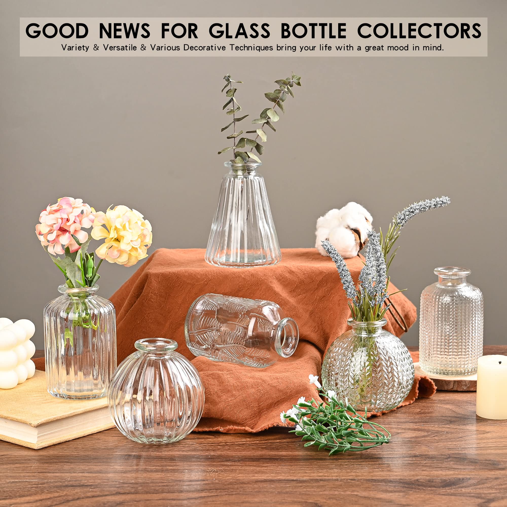 EylKoi 6-Piece Set Small Glass Flower Vases - Clear Bud Vases in Different Shapes for Weddings, Home Decor & Table Centerpieces | Perfect for Wedding Decorations, Home Events & Floral Arrangements