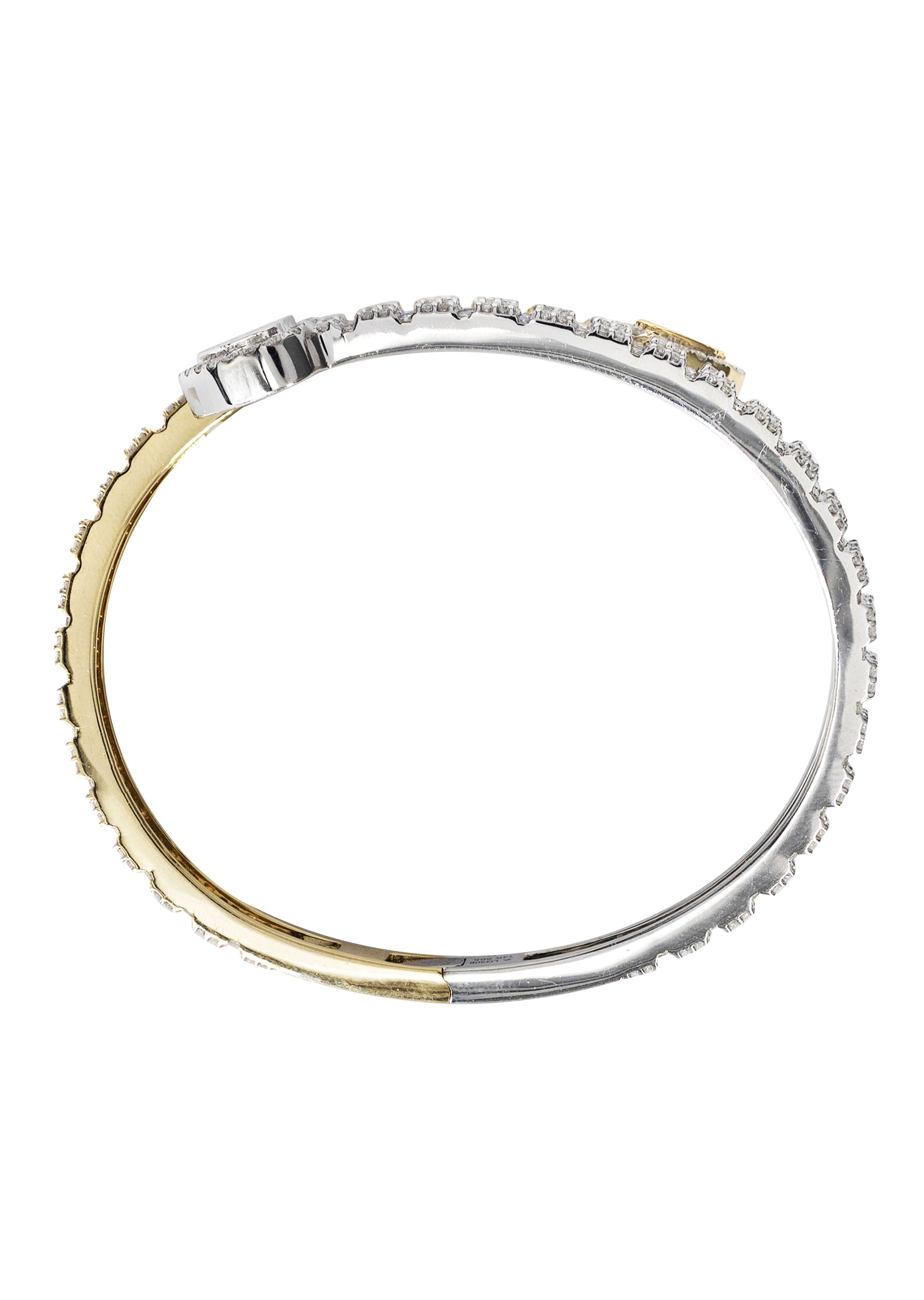14K Two Tone Diamond Baguette Heart Bangle Bracelet - 36.05 Grams, 9.97 Carats - Elegant Jewelry Gift for Women, Anniversary, Valentine's Day