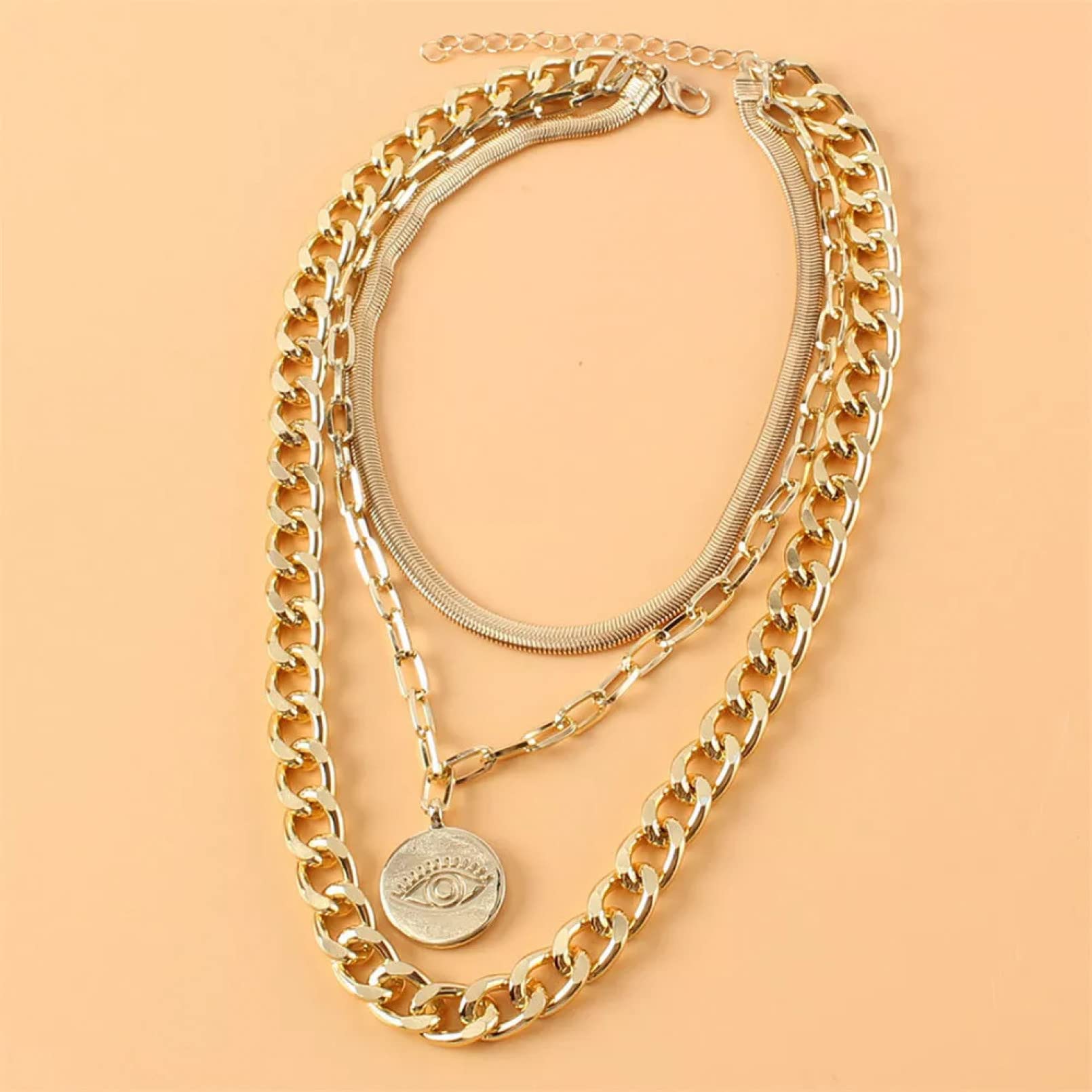 Personalized Vintage Punk Gold Eye Coin Chunky Snake Chain Necklace for Women - Multi-Level Choker Necklace Jewelry Gift for Mom, Friends & Wedding (Perfect for Punk Fashion, Gothic Style & Statement Accessories)