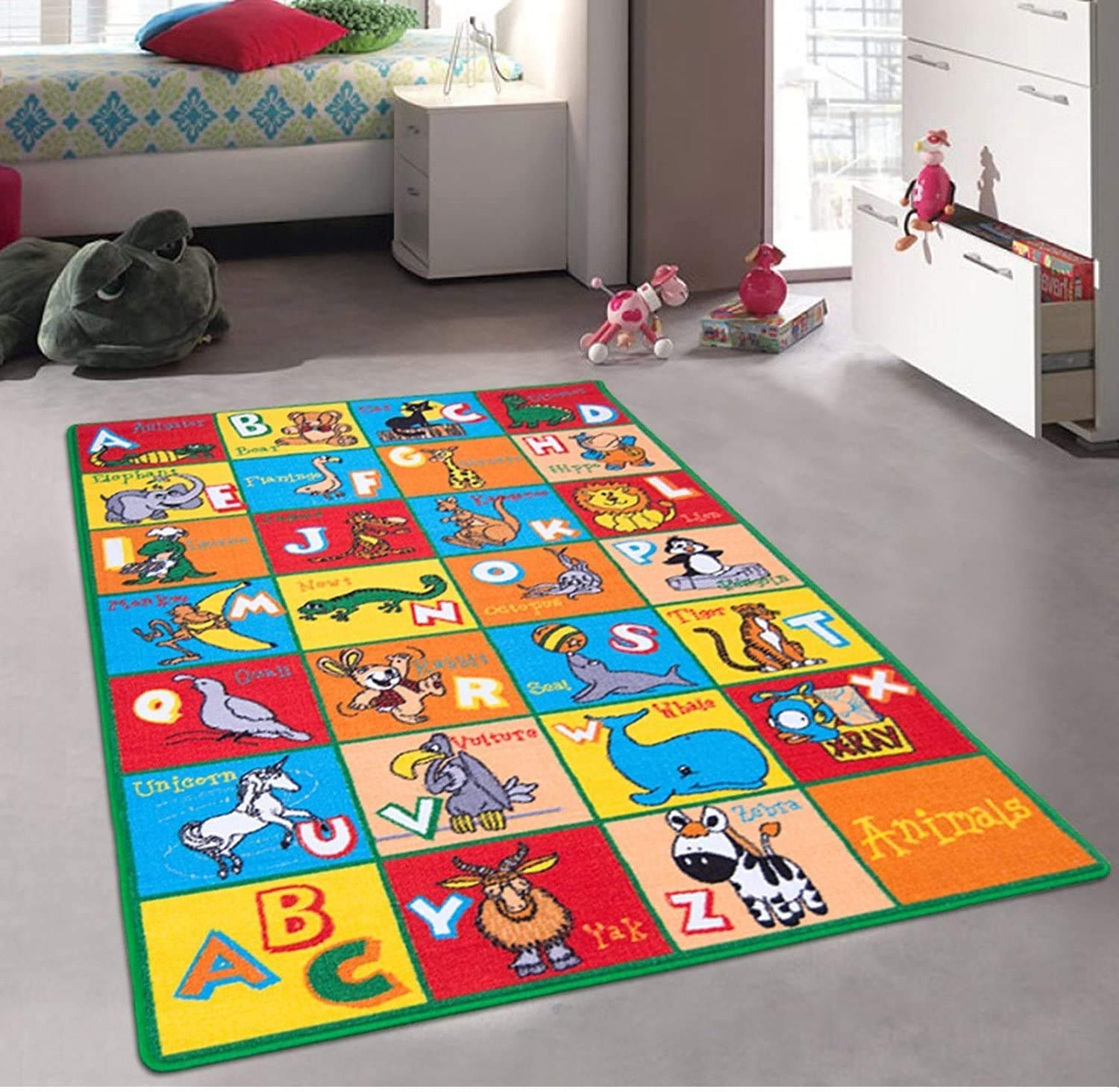 Non-Slip Alphabet Zoo Animals Kids Rug - 8x10 Feet Soft Playmat with Gel Backing for Nursery, Classroom & Playroom Floor Decor