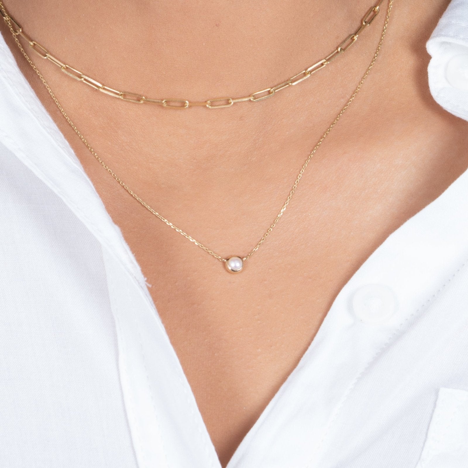 14K Yellow Gold Freshwater Pearl Station Necklace - Elegant Bezel Setting for Women, Perfect for Weddings, Parties & Everyday Wear