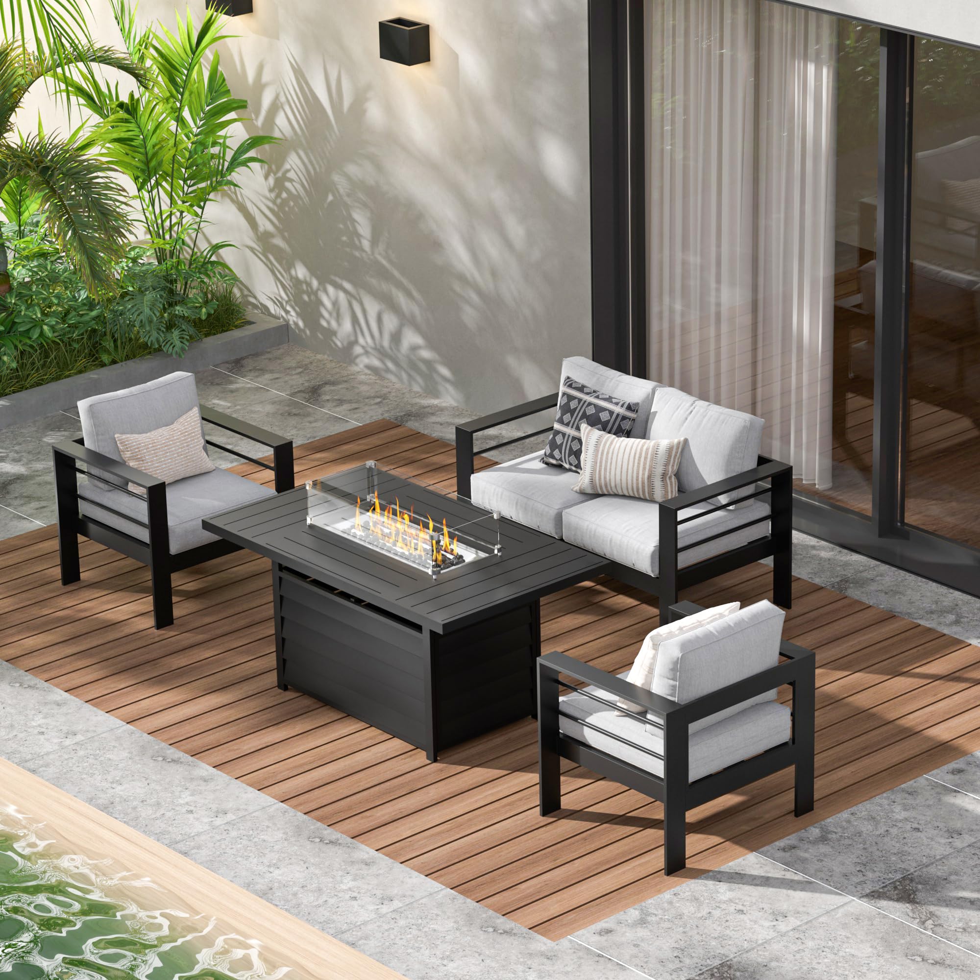 Wisteria Lane 4-Piece Aluminum Patio Furniture Set with 54-Inch CSA Certified Propane Fire Pit Table - Light Grey Outdoor Sofa Set for Garden, Backyard, and Poolside Relaxation