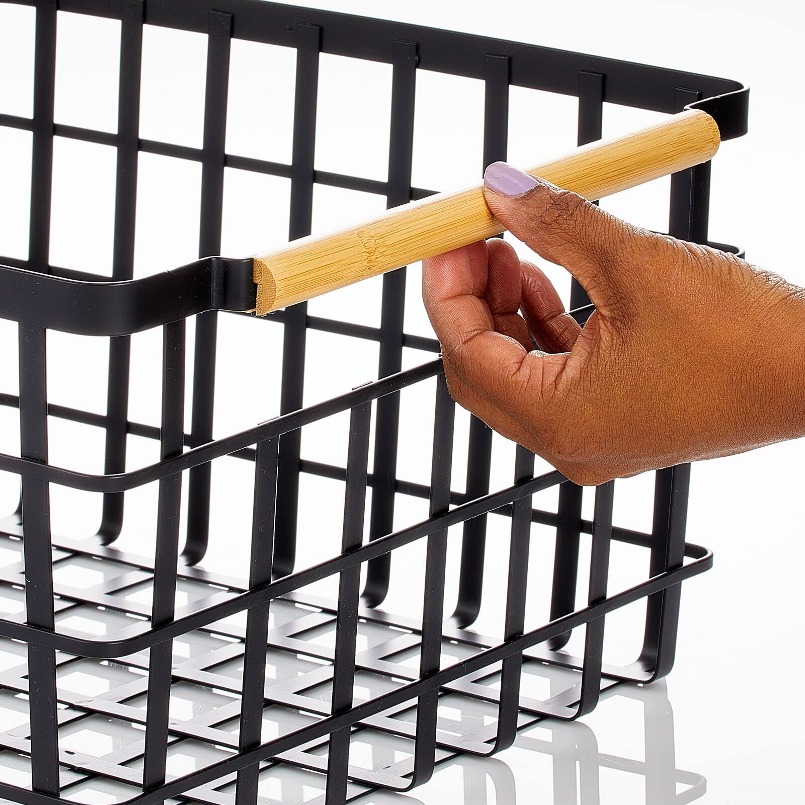 Metal Wire Storage Basket with Bamboo Handles - Square Organizer for Closet, Shelves, Linens, Blankets & Accessories | Yami Collection in Matte Black/Natural | Perfect for Bedroom, Bathroom & Entryway Organization