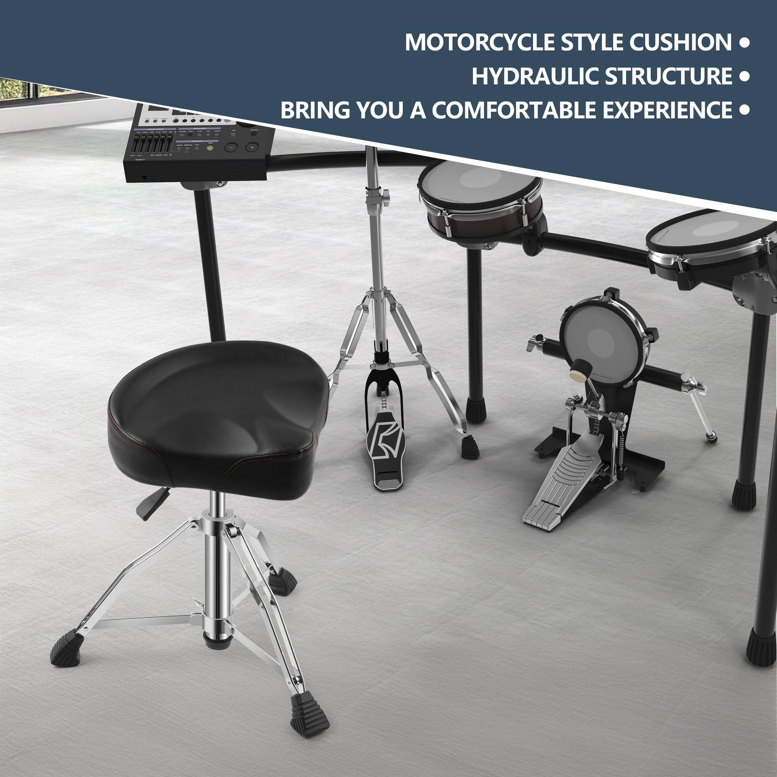 Ramzi Drum Throne - Heavy Duty Adjustable Drum Stool with Airlift Technology, Double Braced Anti-Slip Feet & Motorcycle Style Saddle Seat | Perfect for Drummers, Percussionists & Live Performances