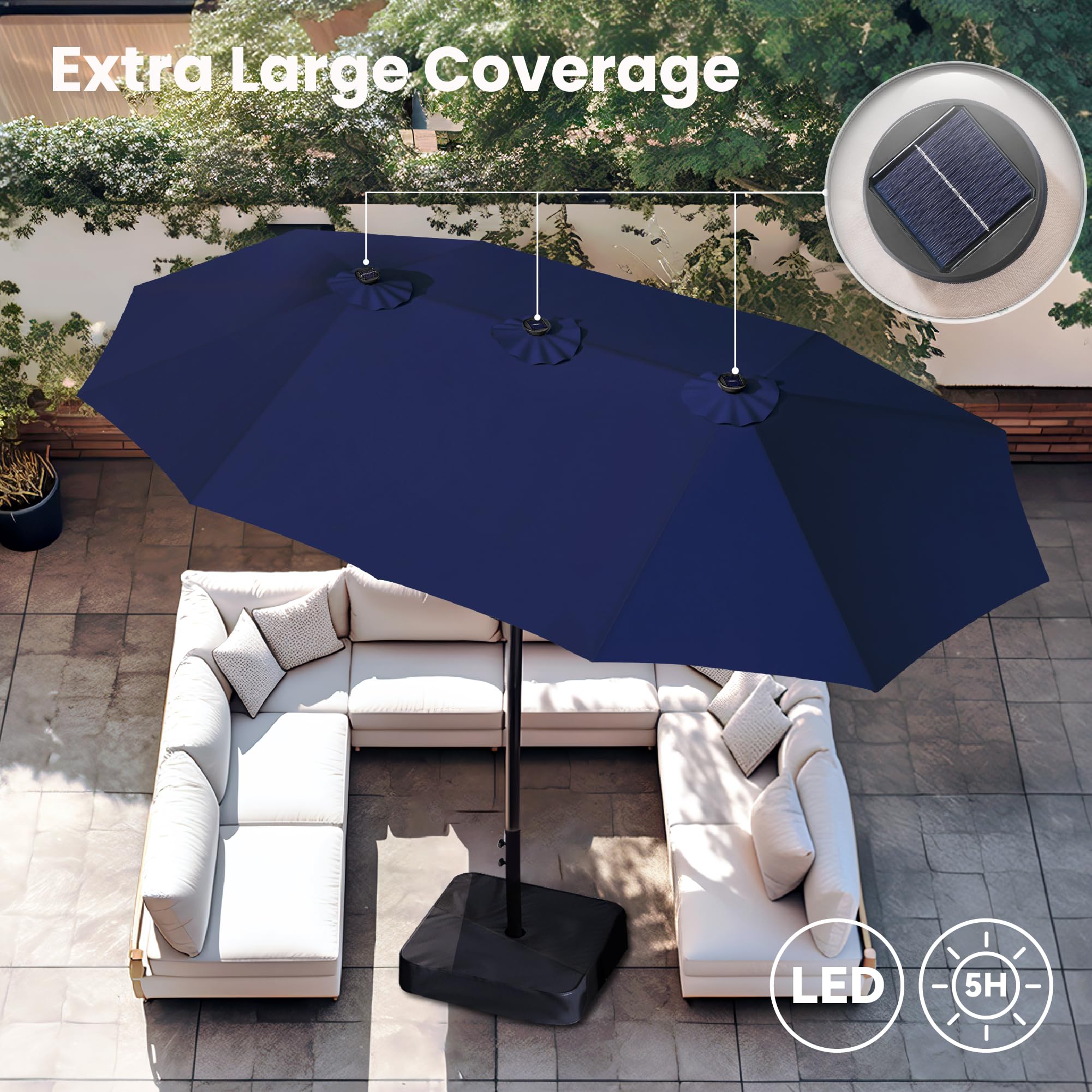 PHI VILLA 15ft Large Outdoor Patio Umbrella with Solar LED Lights - Double-Sided Rectangle Market Umbrella for Deck, Poolside & Backyard - Includes Heavy Duty Base Stand (Navy Blue) - Perfect for Outdoor Dining, Lounging & Entertaining