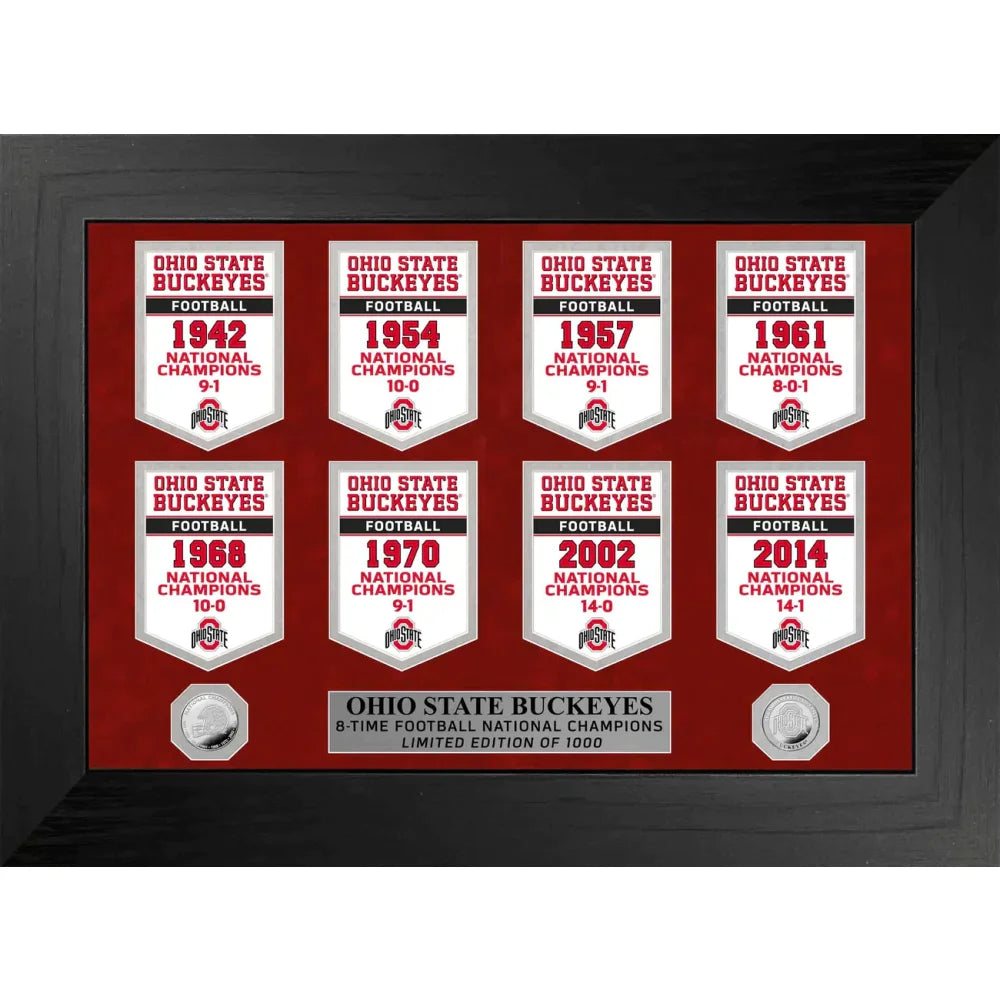 Ohio State Buckeyes NCAA Football National Championship Banner & Silver Coin Framed Collage - Perfect for Game Room, Man Cave, and Sports Fan Gifts