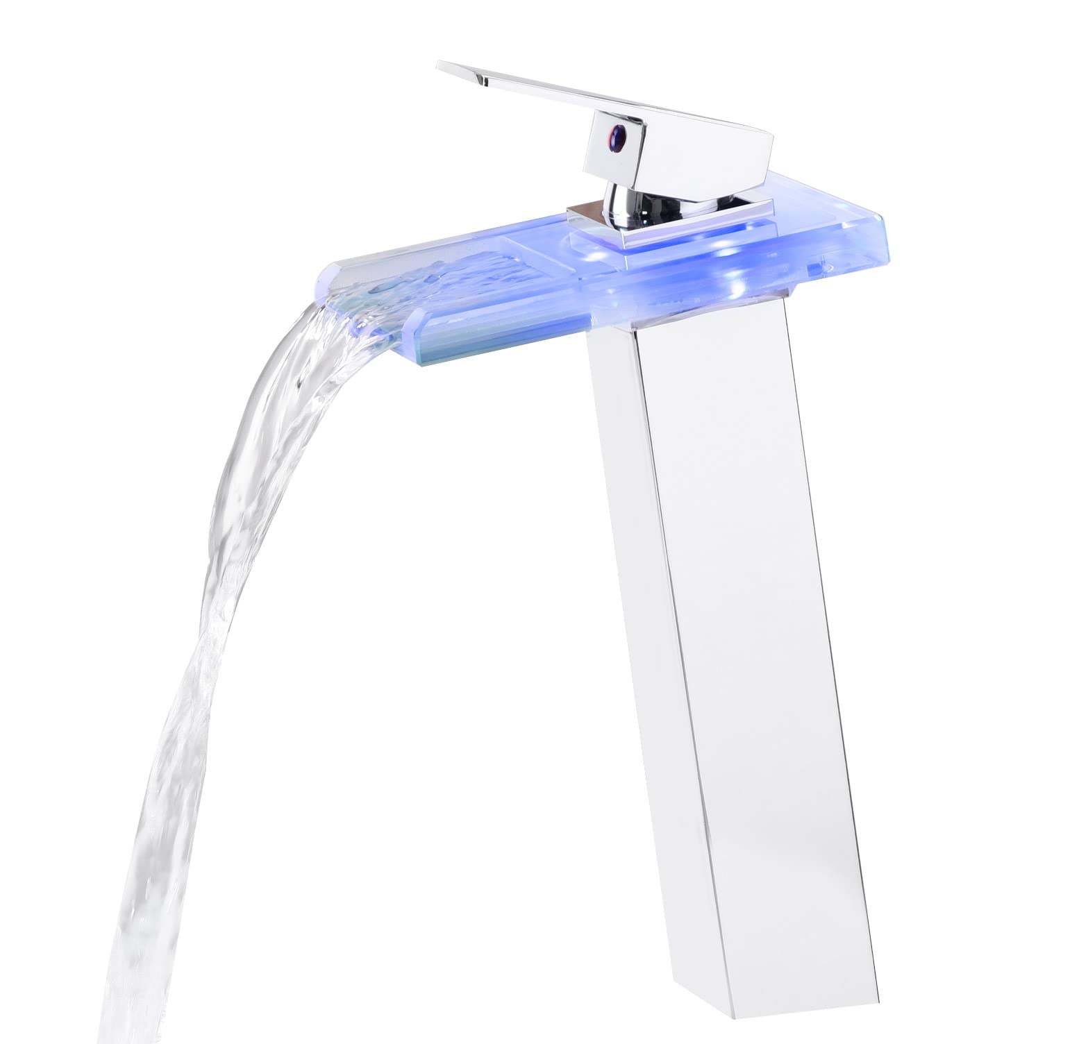 Tall LED Waterfall Bathroom Sink Faucet - Single Handle Brass Vessel Faucet with Open Glass Spout (1 Hole & 2 Supply Lines) - Perfect for Modern Vanities, Luxury Bathrooms & Spa Retreats