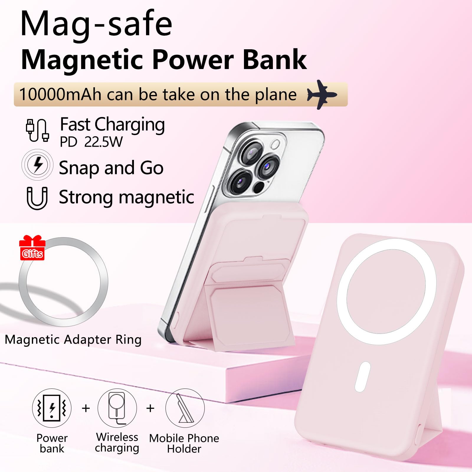 LUCKYDUO 10000mAh Wireless Magnetic Power Bank with Stand - Portable Foldable Charger, 22.5W PD Fast Charging, USB-C LED Display for iPhone 16/15/14/13/12 Series - Perfect for Travel, Office & Home Charging
