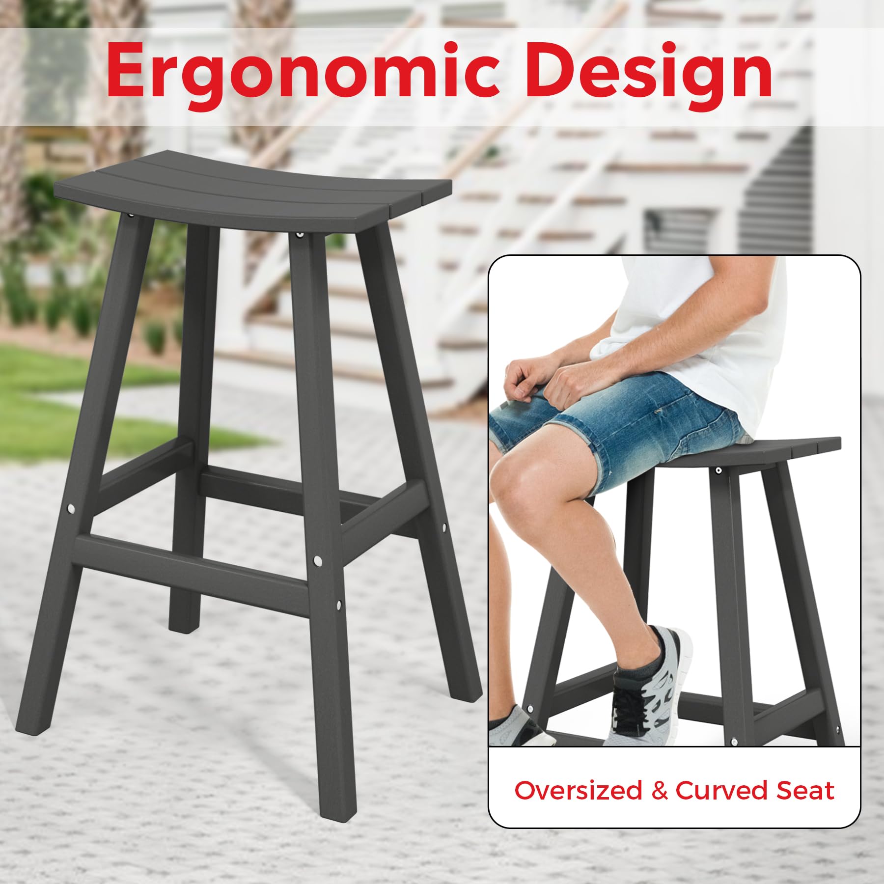 All-Weather Outdoor Bar Stools 29 Inch Height - Durable Poly Adirondack Patio Bar Chairs for Deck, Garden, Kitchen Counter & Backyard - Gray - Perfect for Outdoor Dining, Poolside Lounging & Entertaining